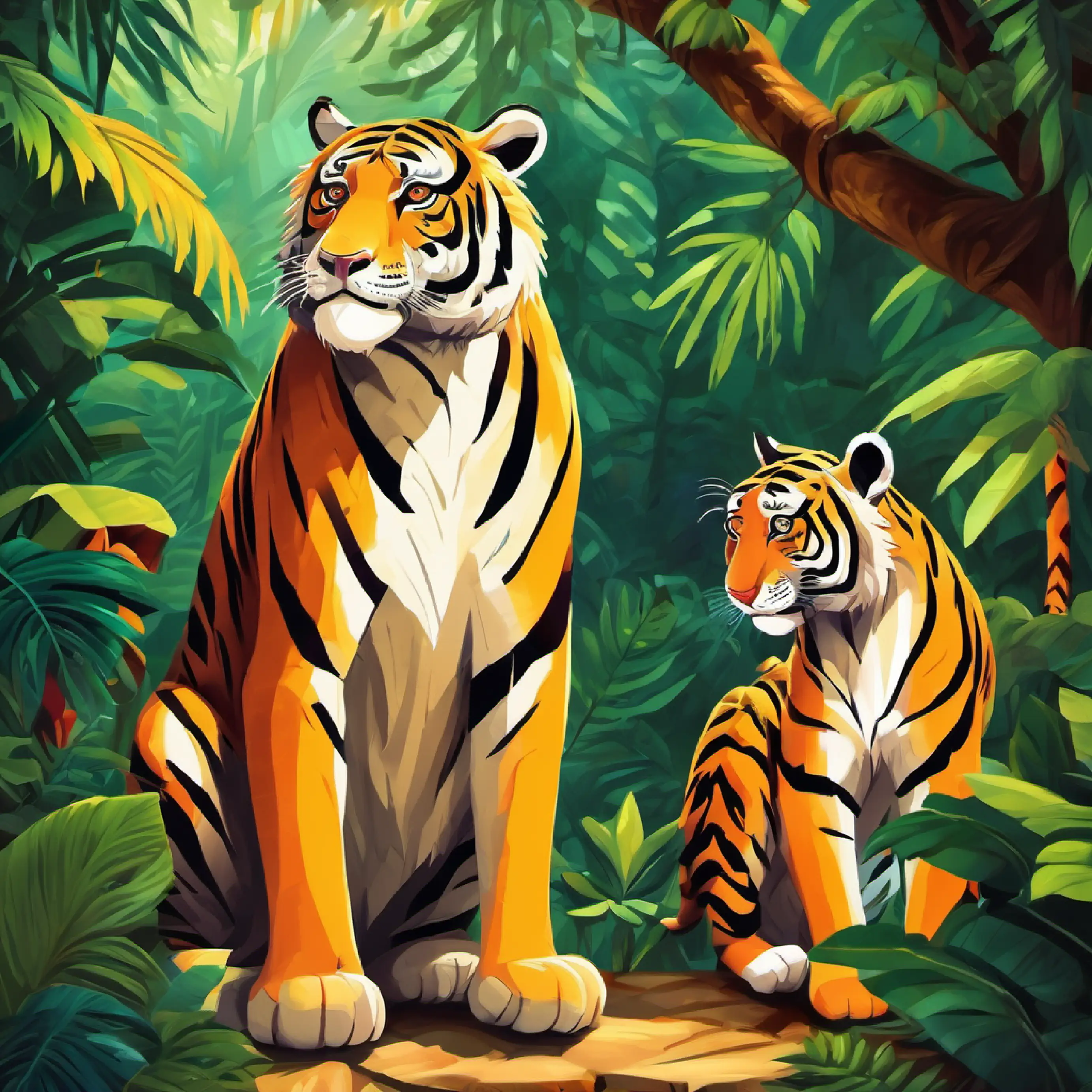 Two tigers see a monkey. One tense, one friendly in the jungle.
