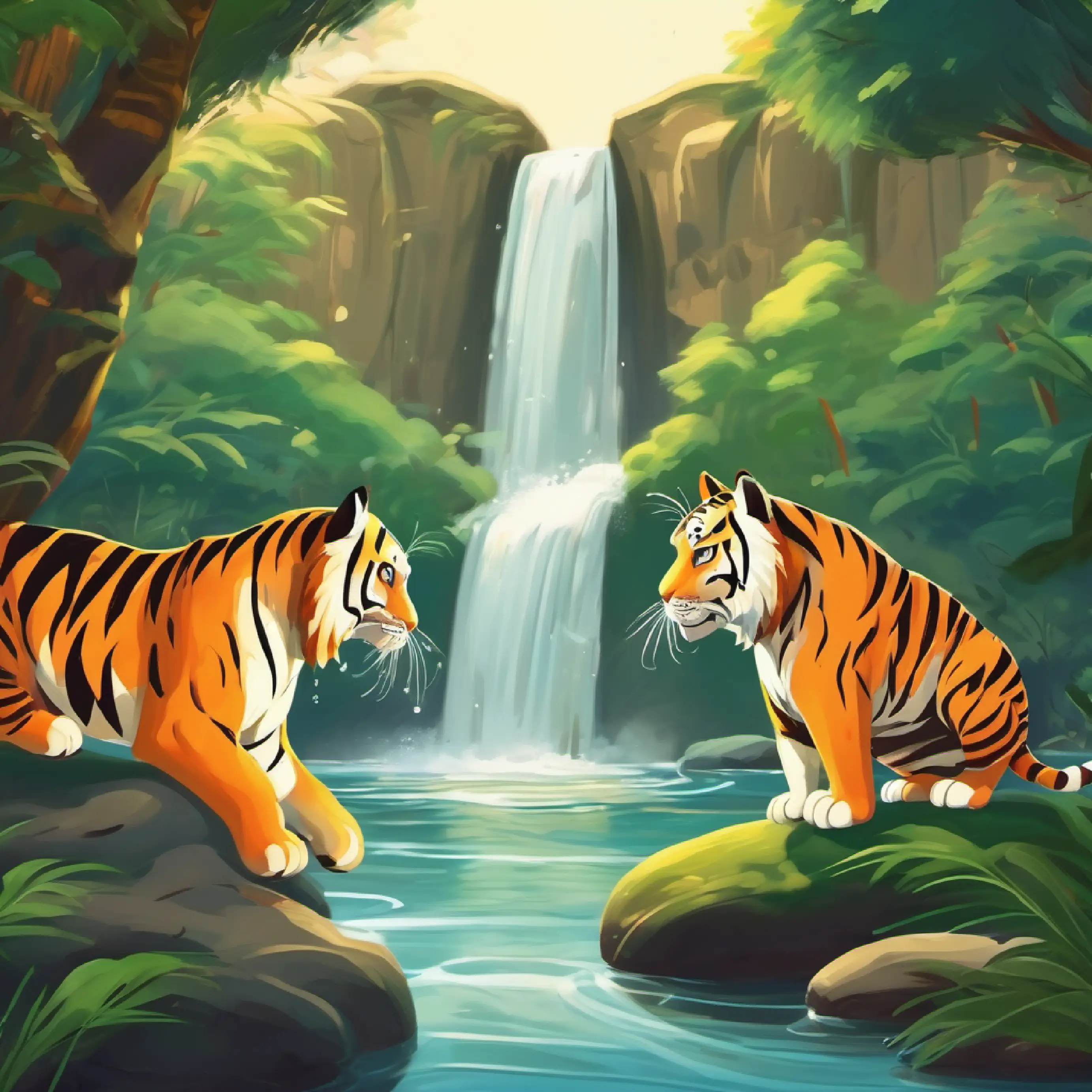 Two tigers find water. One content, one shares by the waterfall.