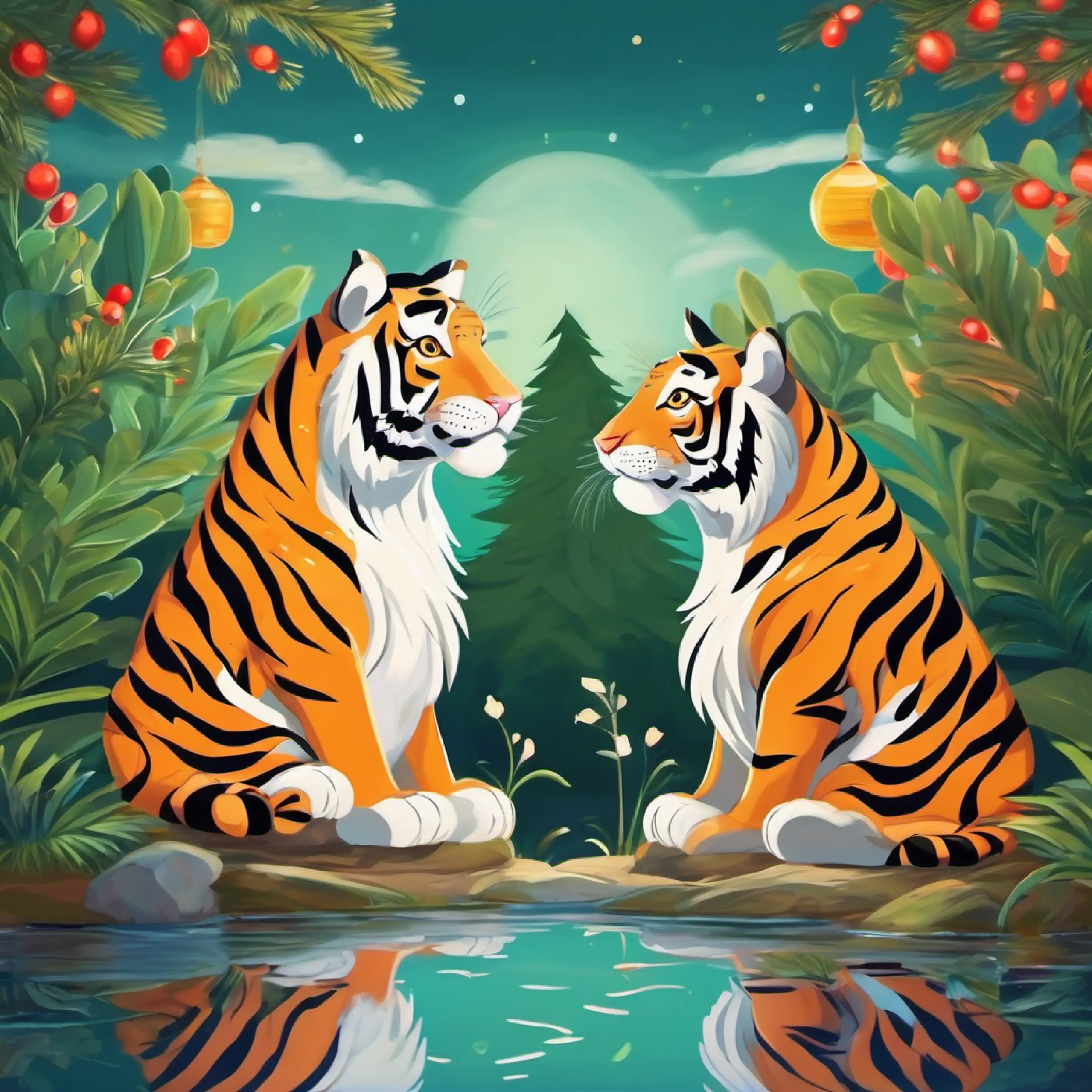 Two tigers become best friends. Loyalty and care by the pond.