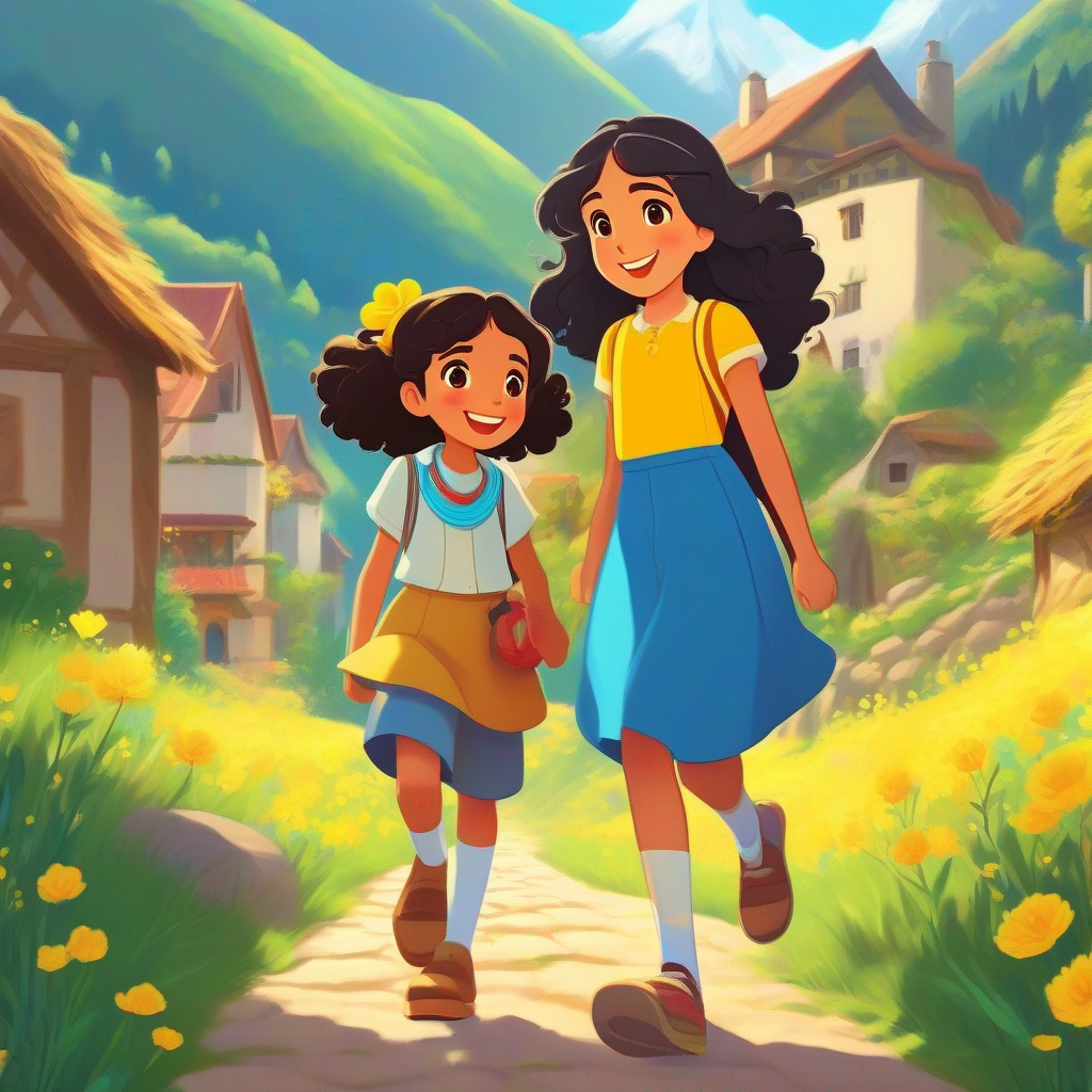 Amira: Kindhearted girl with long flowing black hair, always wearing her blue friendship bracelet. and Layla: Cheerful girl with curly brown hair, often seen wearing her yellow flower necklace. walking in the village, surrounded by mountains.