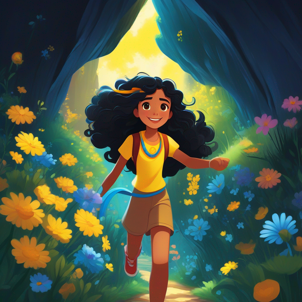 Amira: Kindhearted girl with long flowing black hair, always wearing her blue friendship bracelet. and Layla: Cheerful girl with curly brown hair, often seen wearing her yellow flower necklace. entering a dark cave with a magical flower.