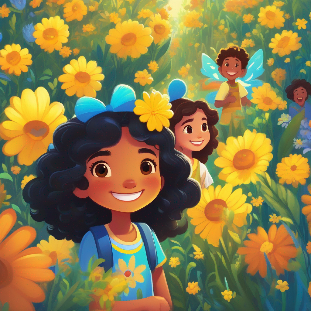 Amira: Kindhearted girl with long flowing black hair, always wearing her blue friendship bracelet. and Layla: Cheerful girl with curly brown hair, often seen wearing her yellow flower necklace. holding the magical flower, surrounded by joyful villagers.