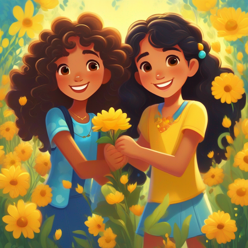 Amira: Kindhearted girl with long flowing black hair, always wearing her blue friendship bracelet. and Layla: Cheerful girl with curly brown hair, often seen wearing her yellow flower necklace. embracing each other happily.