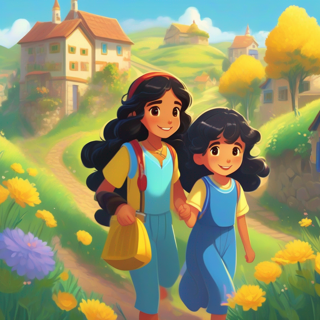 Amira: Kindhearted girl with long flowing black hair, always wearing her blue friendship bracelet. and Layla: Cheerful girl with curly brown hair, often seen wearing her yellow flower necklace. holding hands, walking towards a neighboring village.