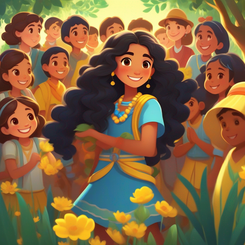 Amira: Kindhearted girl with long flowing black hair, always wearing her blue friendship bracelet., Layla: Cheerful girl with curly brown hair, often seen wearing her yellow flower necklace. and villagers from both villages standing together as friends.