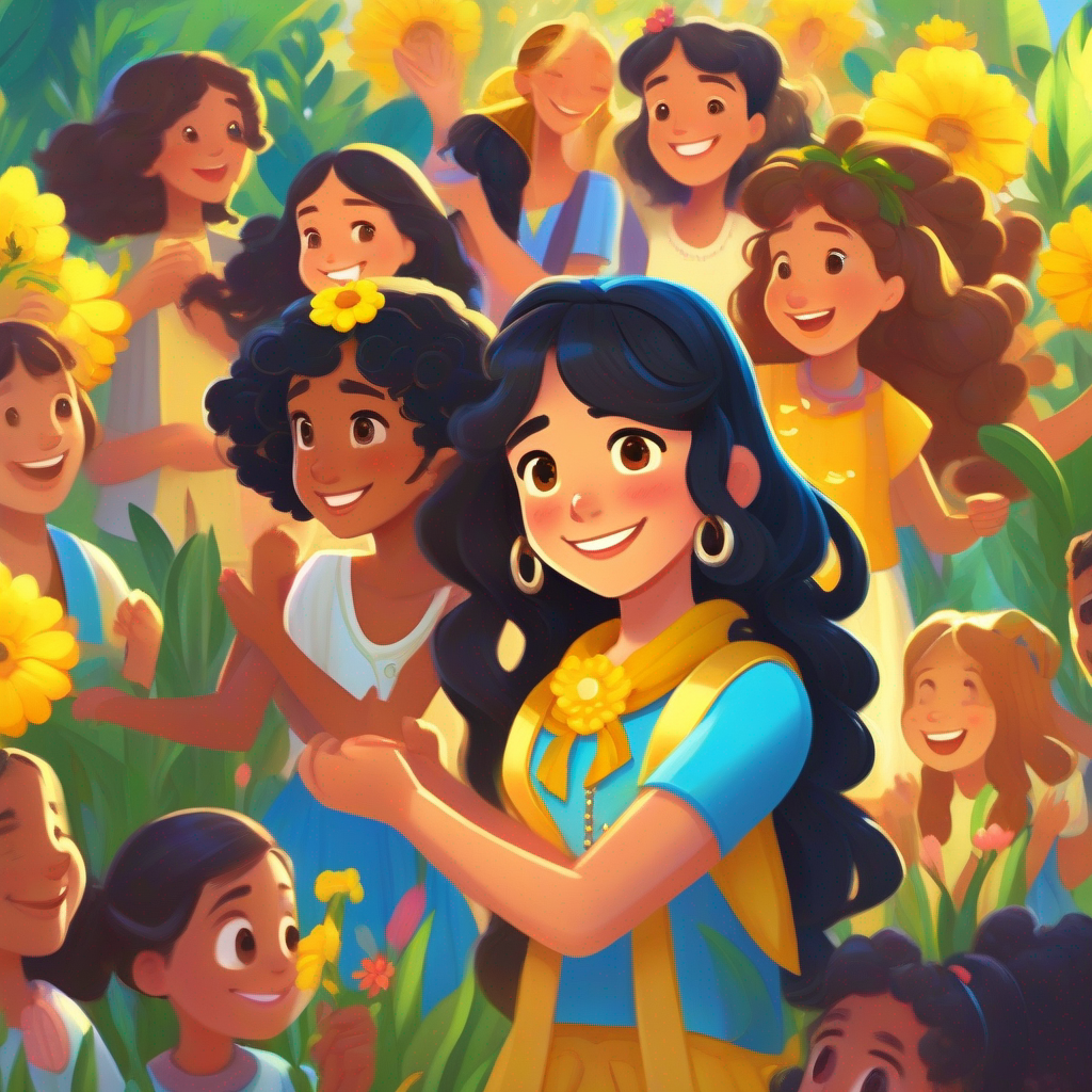 Amira: Kindhearted girl with long flowing black hair, always wearing her blue friendship bracelet. and Layla: Cheerful girl with curly brown hair, often seen wearing her yellow flower necklace. celebrated with their village, surrounded by friends.