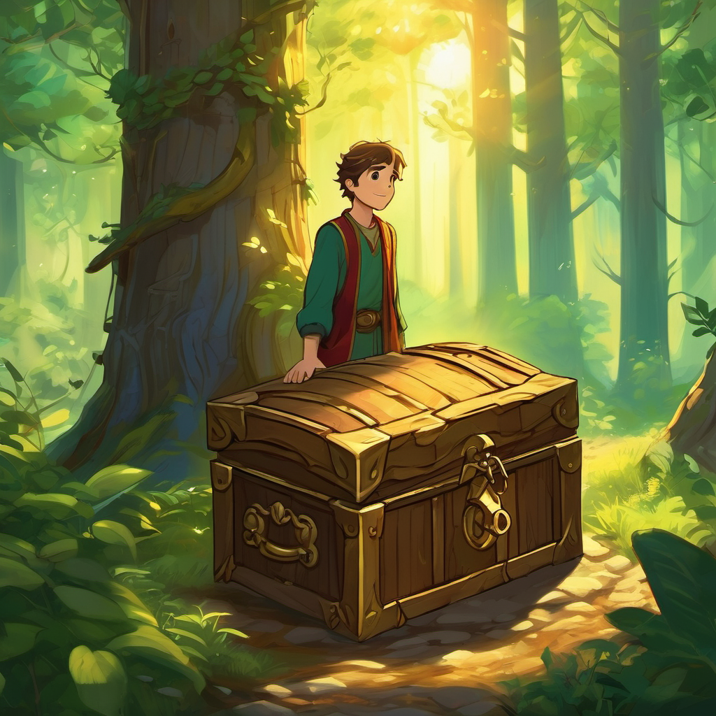 Finally, after many obstacles, Oliver arrived at the mystical forest of Honesty. Tall, ancient trees whispered secrets as he walked deeper into the forest. There, standing in a beam of sunlight, was the magnificent treasure chest of Honesty. Oliver gently inserted the golden key, turned it, and unlocked the chest. As the lid slowly opened, a bright light engulfed Oliver, and a wise, yet friendly voice echoed, "Congratulations, Oliver. You have proven that honesty is the greatest treasure of all."