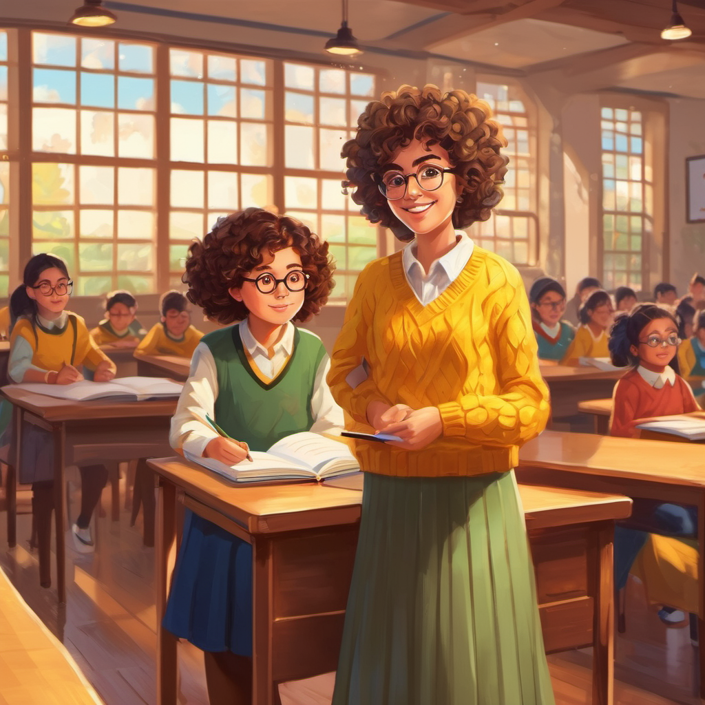 Curly-haired girl with glasses, wearing a yellow sweater. and her teacher Mrs Thompson in a classroom