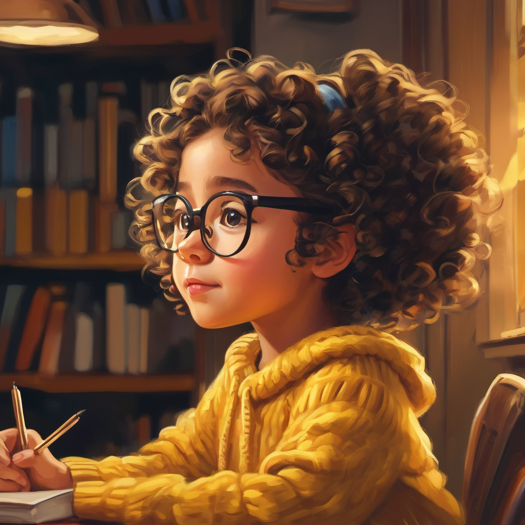Curly-haired girl with glasses, wearing a yellow sweater. listening to her parents and friends