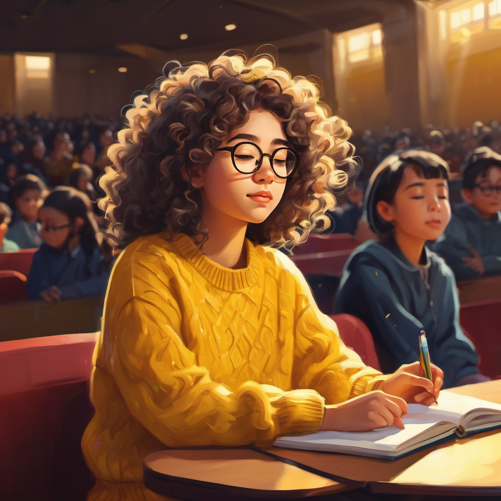 Students in an auditorium, Curly-haired girl with glasses, wearing a yellow sweater. with closed eyes