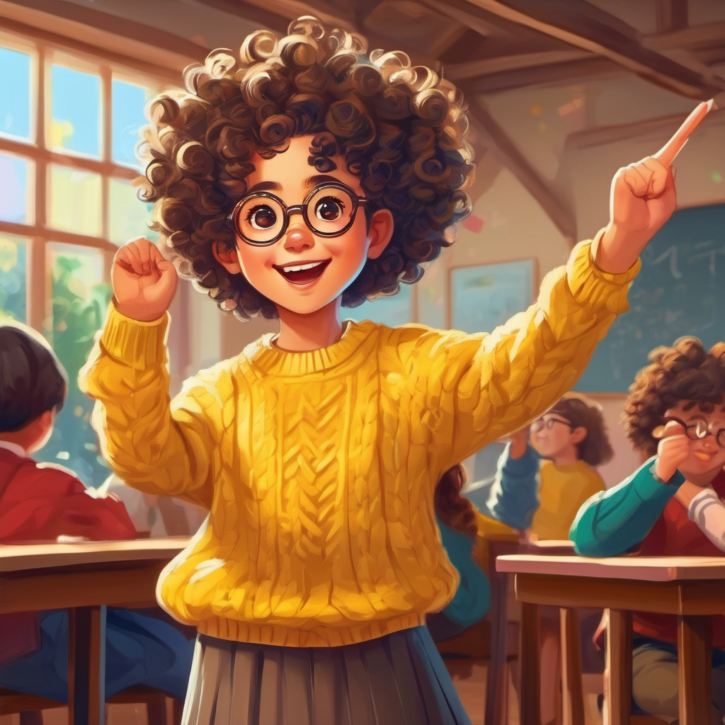 Curly-haired girl with glasses, wearing a yellow sweater. raising her hand, classmates amazed