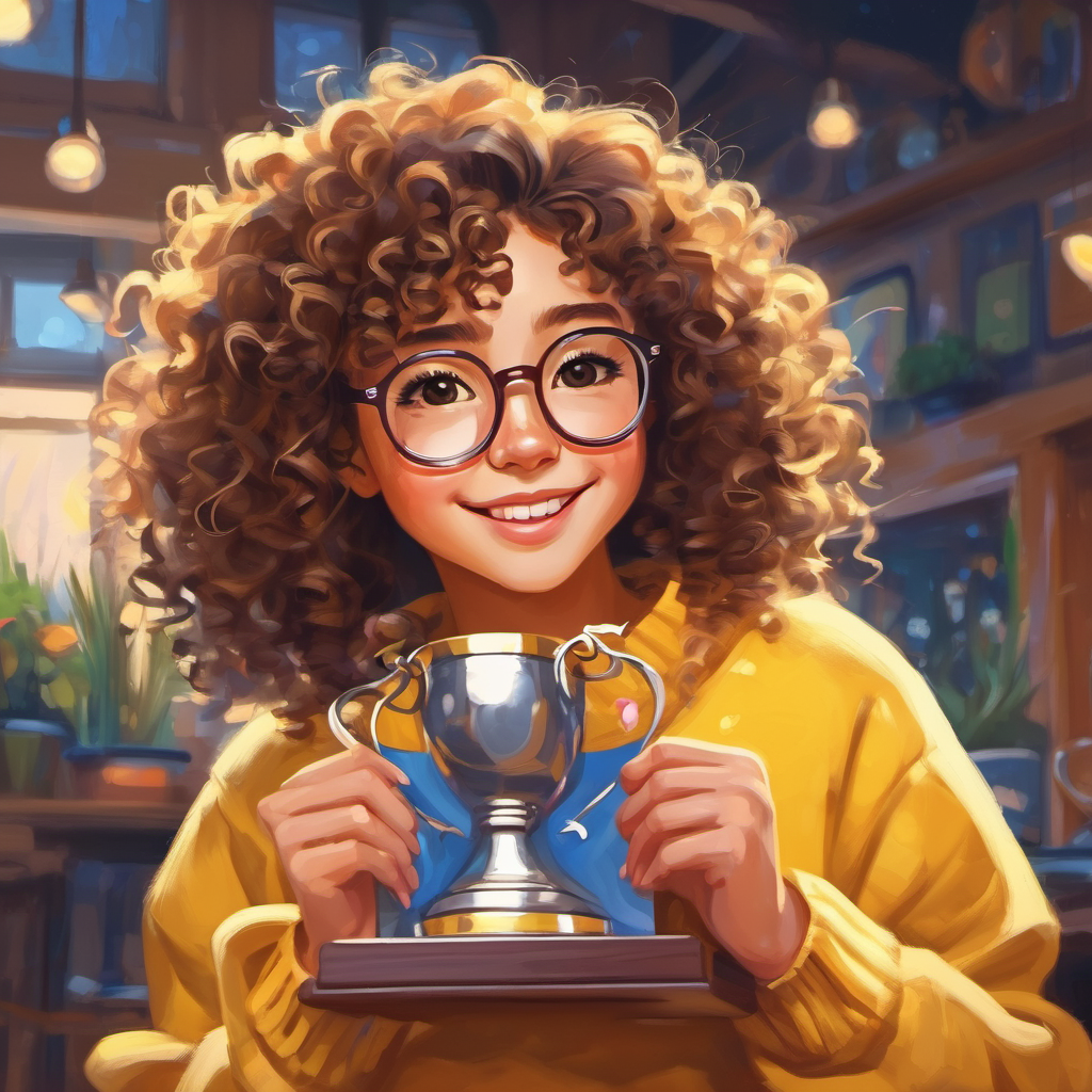 Curly-haired girl with glasses, wearing a yellow sweater. receiving a trophy, girlren gathered for the club