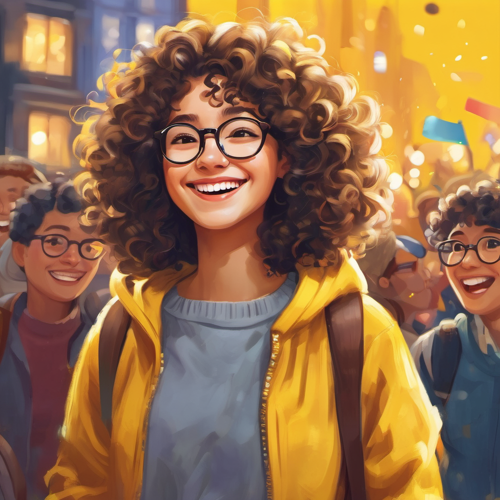 Curly-haired girl with glasses, wearing a yellow sweater. with a smiling face, surrounded by happy people