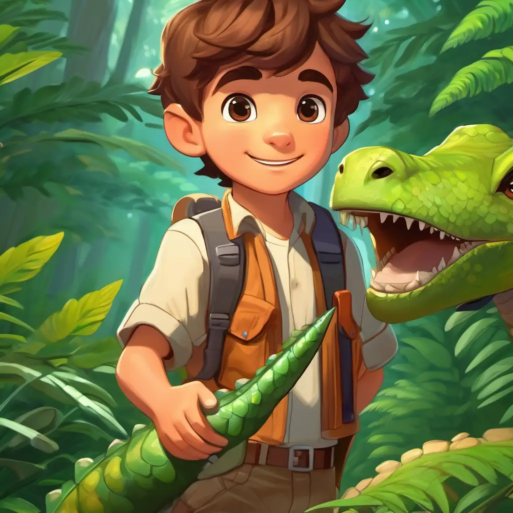 Young boy, adventurous, brown hair, brown eyes preps for adventure, Small dinosaur, green scales, friendly eyes Forest background.