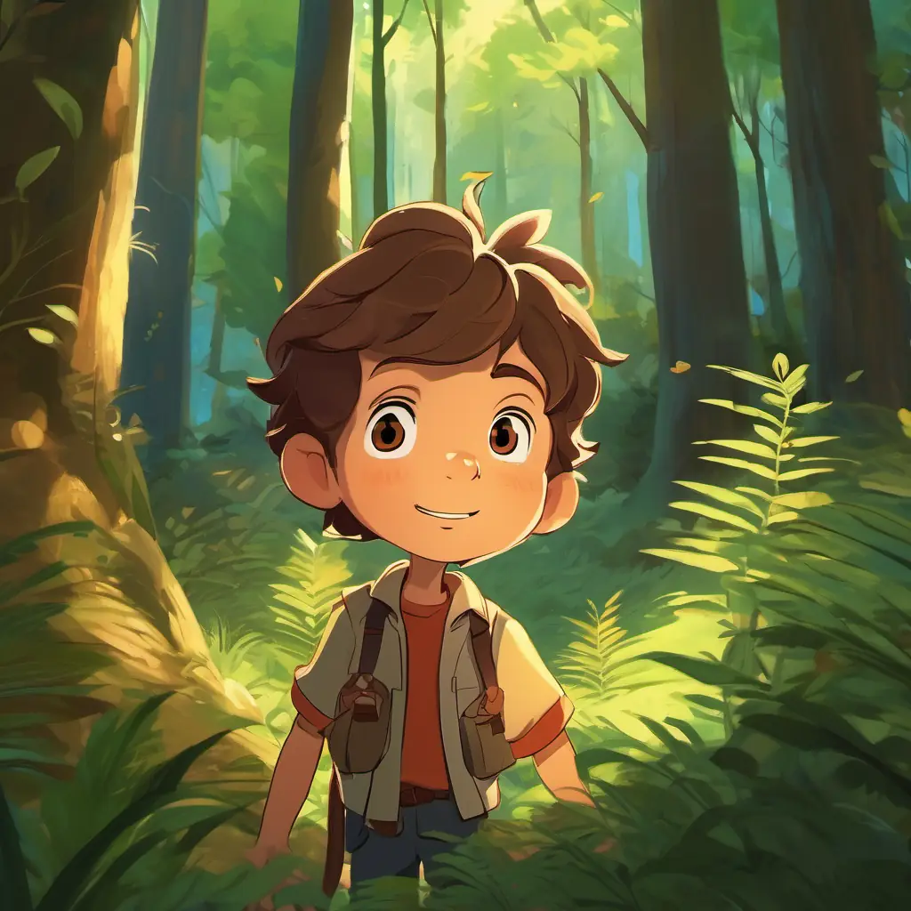 Young boy, adventurous, brown hair, brown eyes counting, friends hiding, forest sounds.