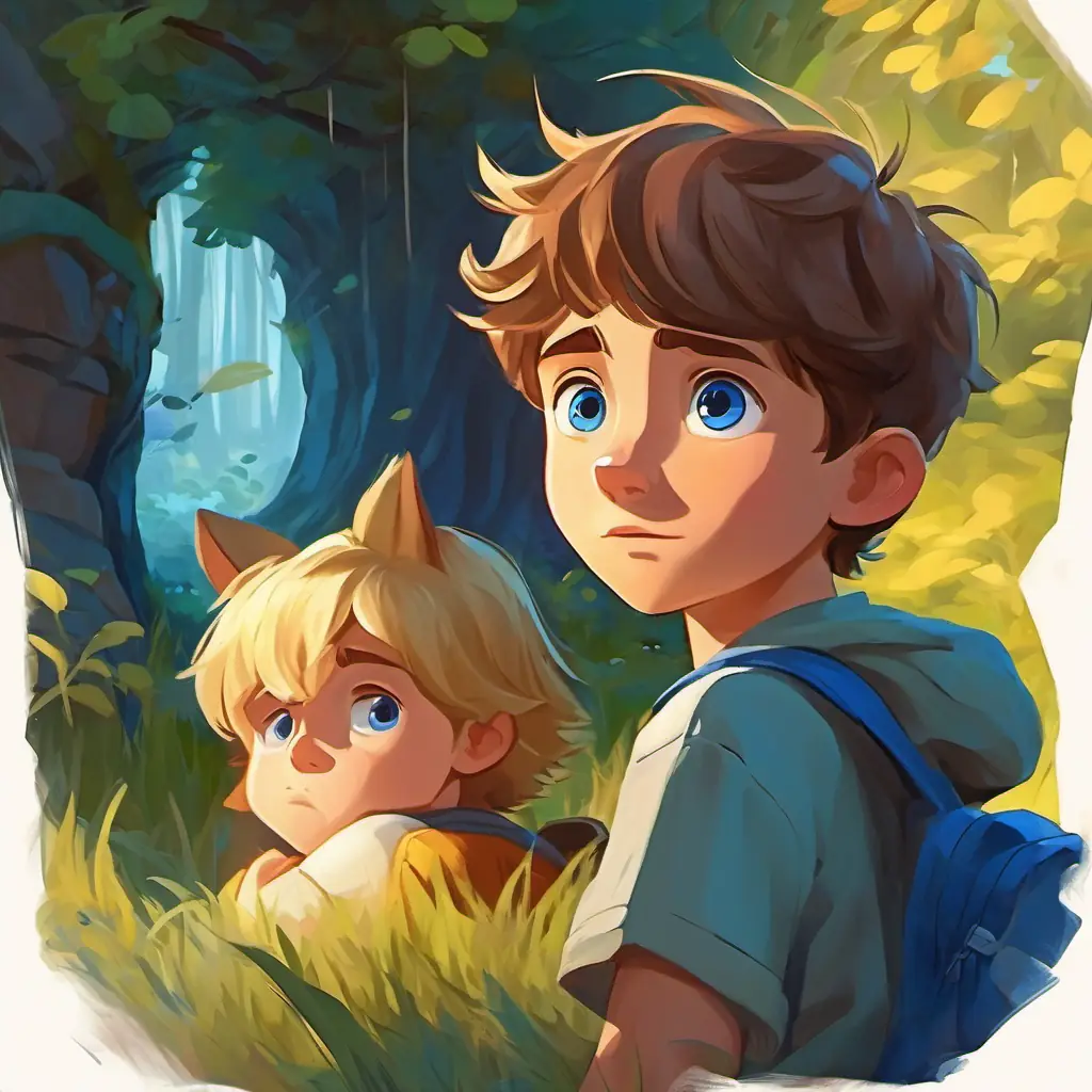 Young boy, adventurous, brown hair, brown eyes discovers Cautious friend, blonde hair, blue eyes, who is trying to stay hidden.