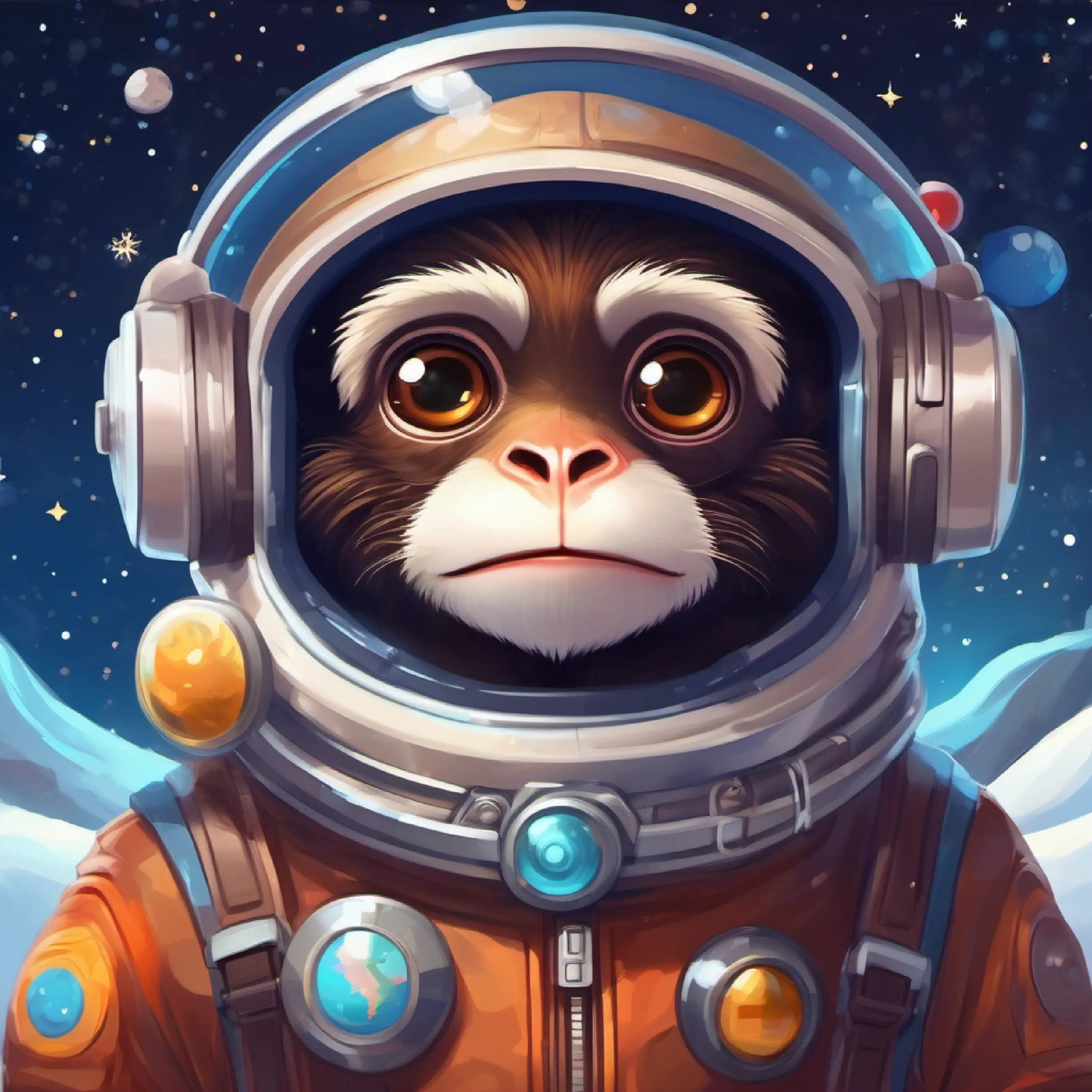Introducing Curious space monkey, brown fur, bright intelligent eyes, set in space