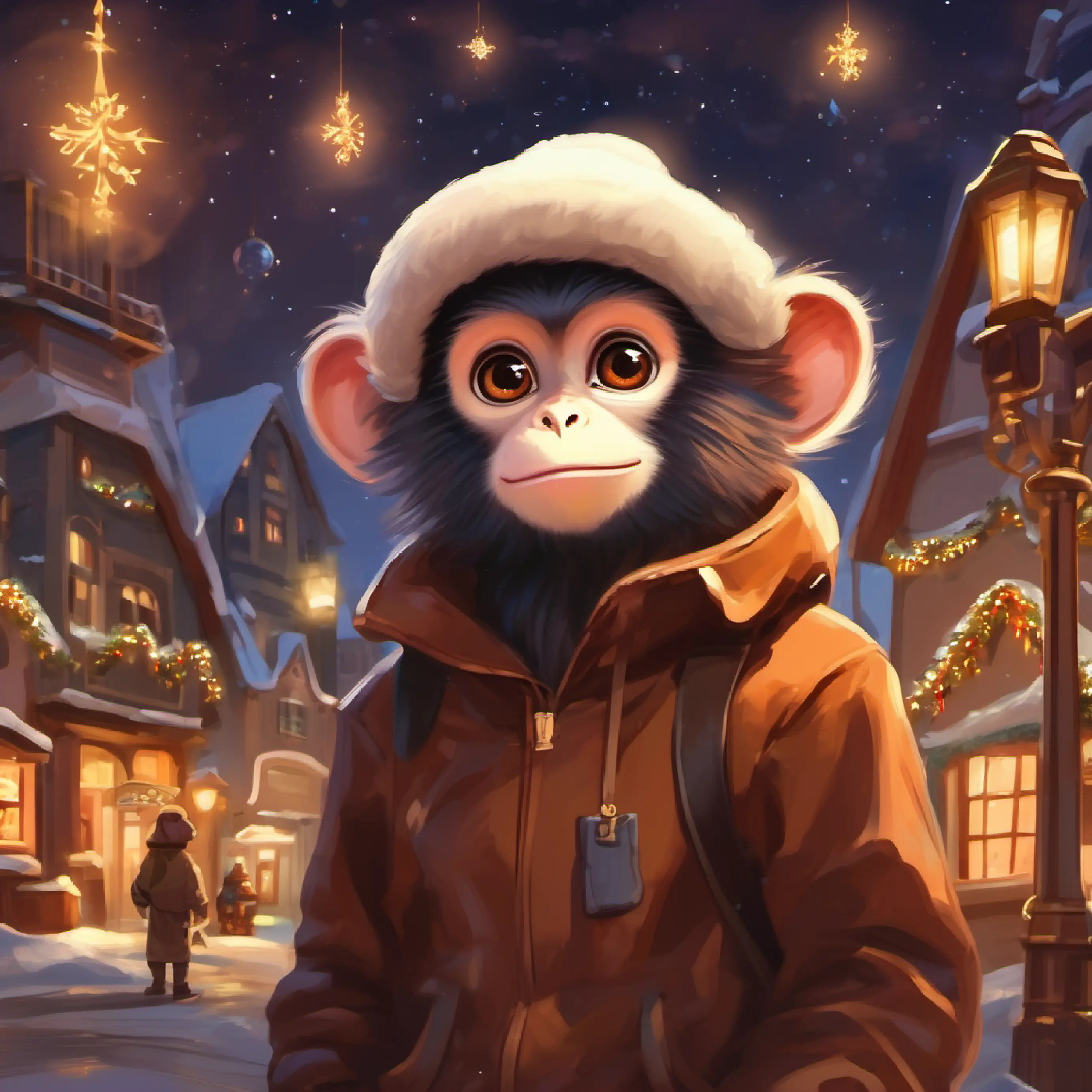 Curious space monkey, brown fur, bright intelligent eyes's farewell to the town
