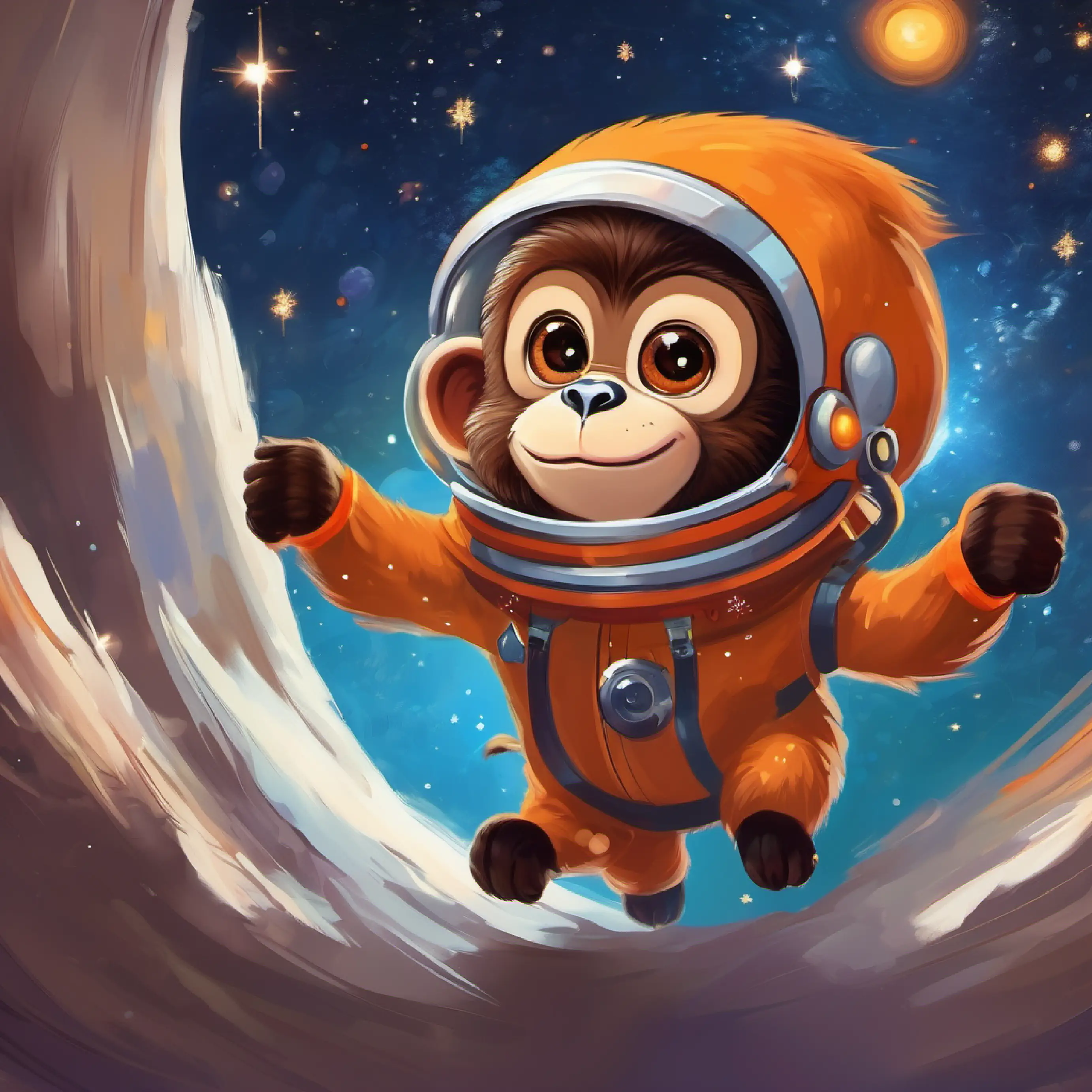 Curious space monkey, brown fur, bright intelligent eyes departs back to space