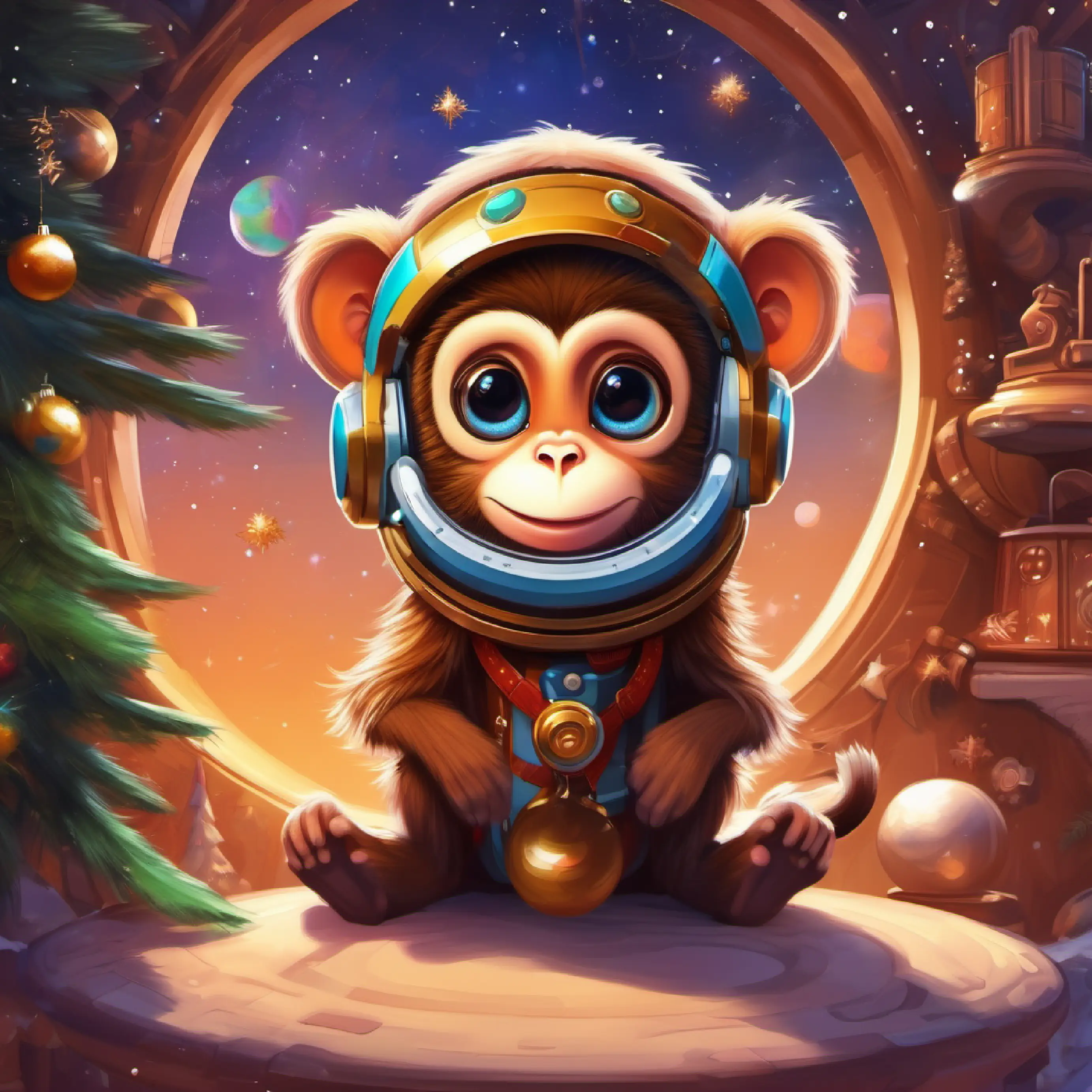 Curious space monkey, brown fur, bright intelligent eyes finds a technologically advanced planet