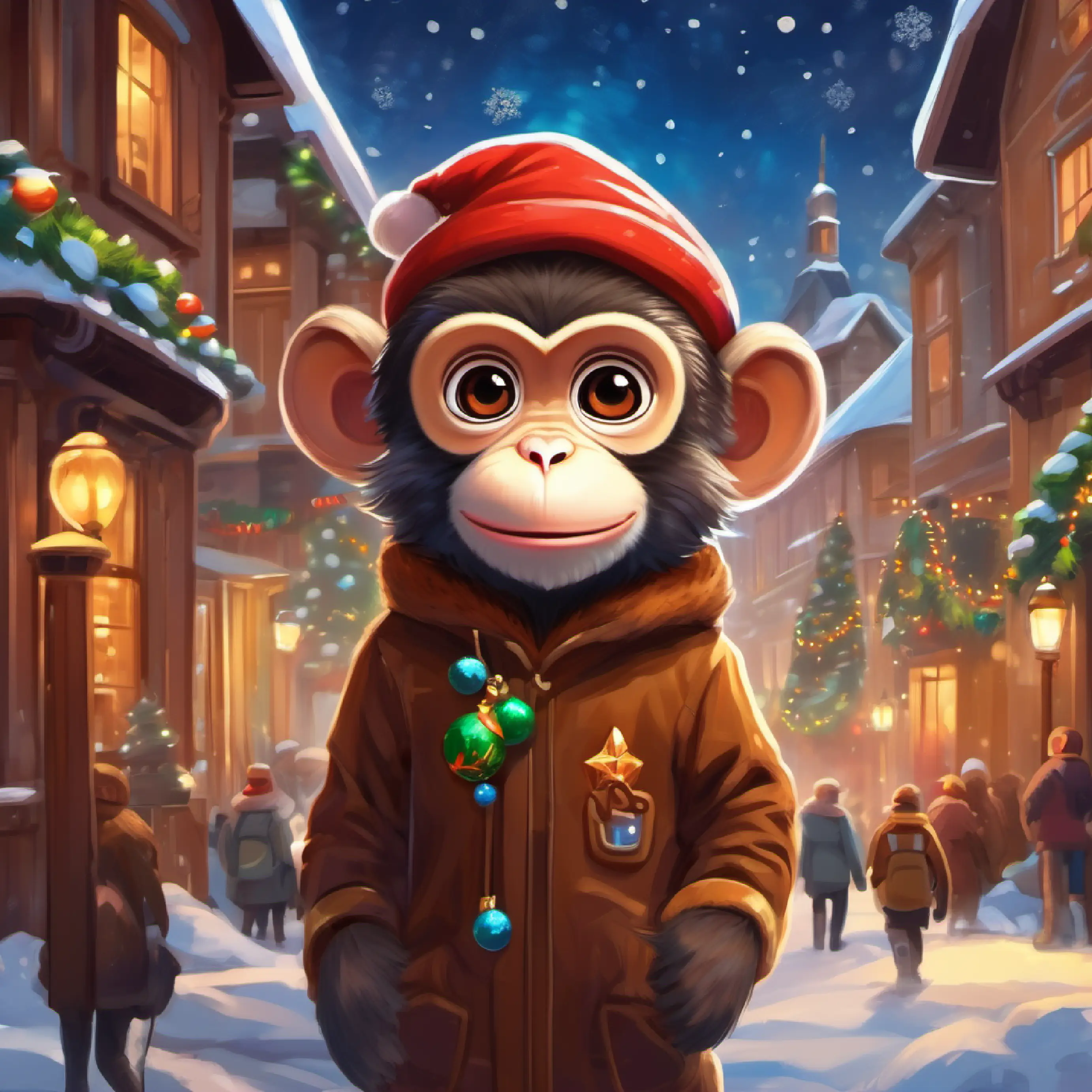 Curious space monkey, brown fur, bright intelligent eyes is welcomed by the town