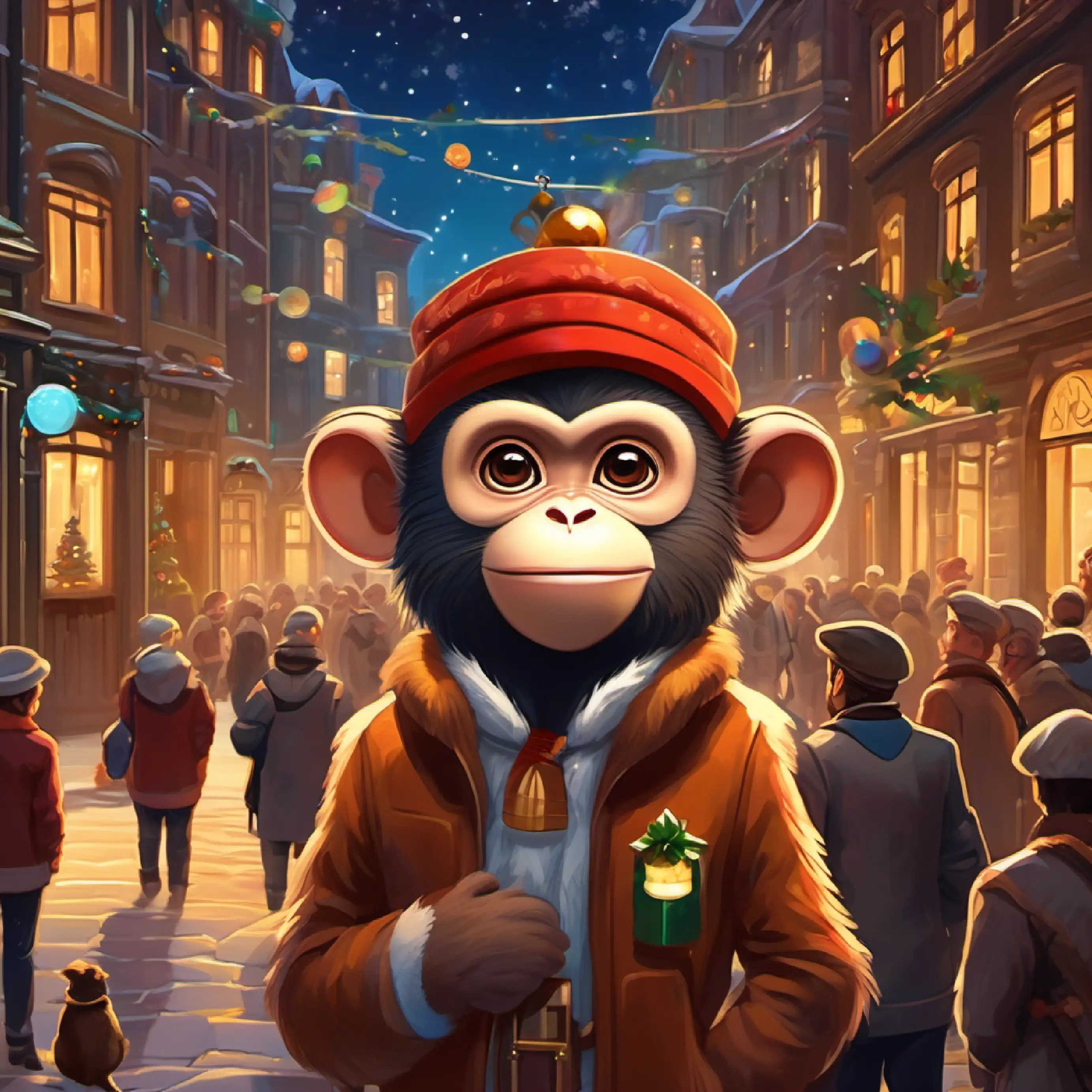 Curious space monkey, brown fur, bright intelligent eyes sharing ideas with the townspeople