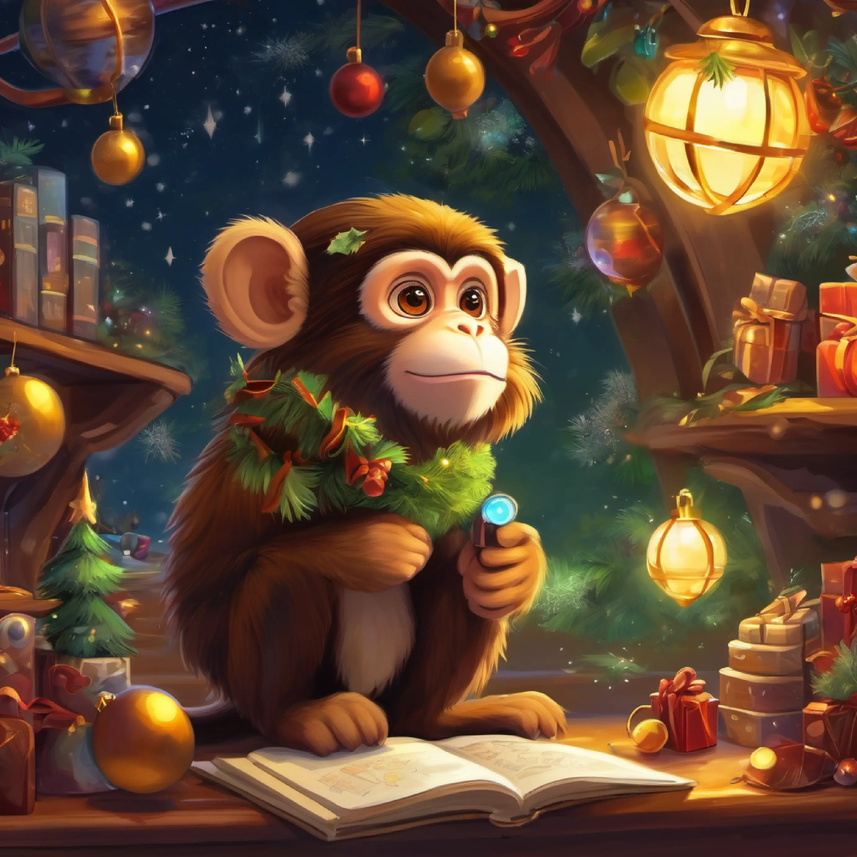 Curious space monkey, brown fur, bright intelligent eyes helping with eco-friendly inventions