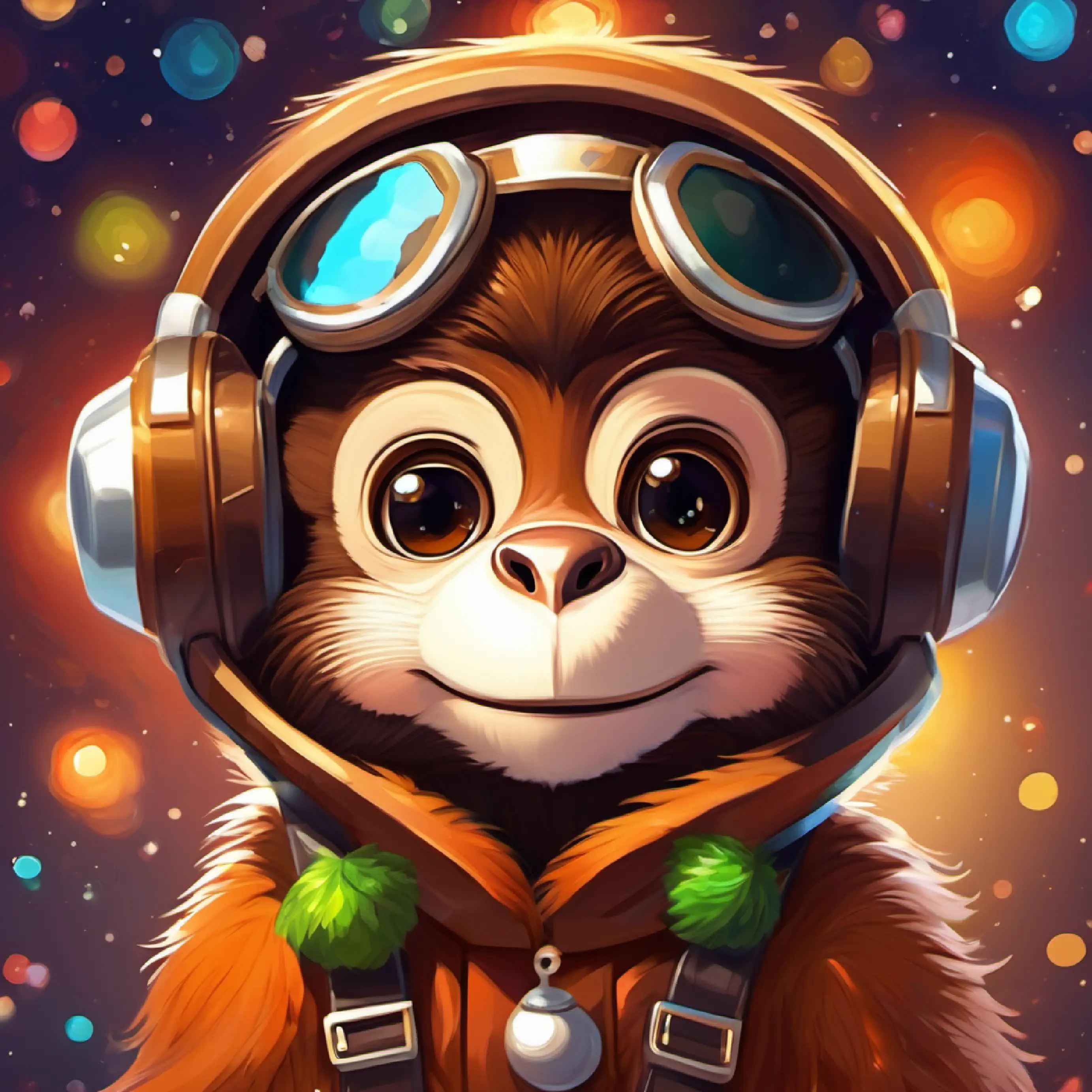 Curious space monkey, brown fur, bright intelligent eyes enjoying the celebration