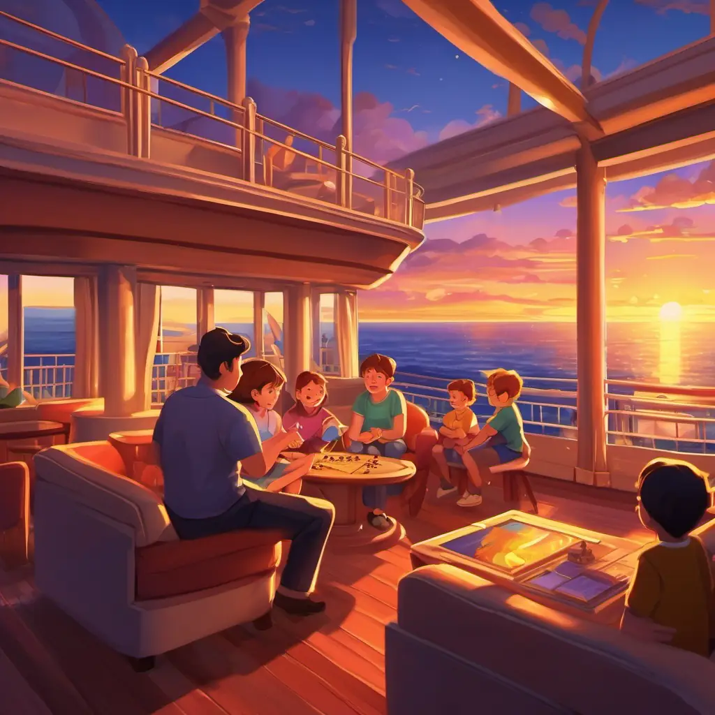 On the cruise ship, playing games, sunset over the ocean, happy family, perfect night