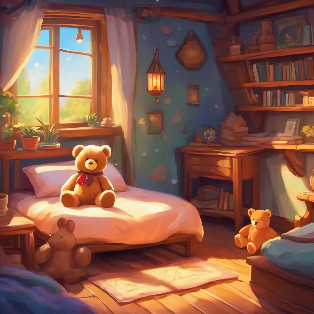 Waking up from the dream, comfy bed, teddy bear, magical amulet, ready for adventures