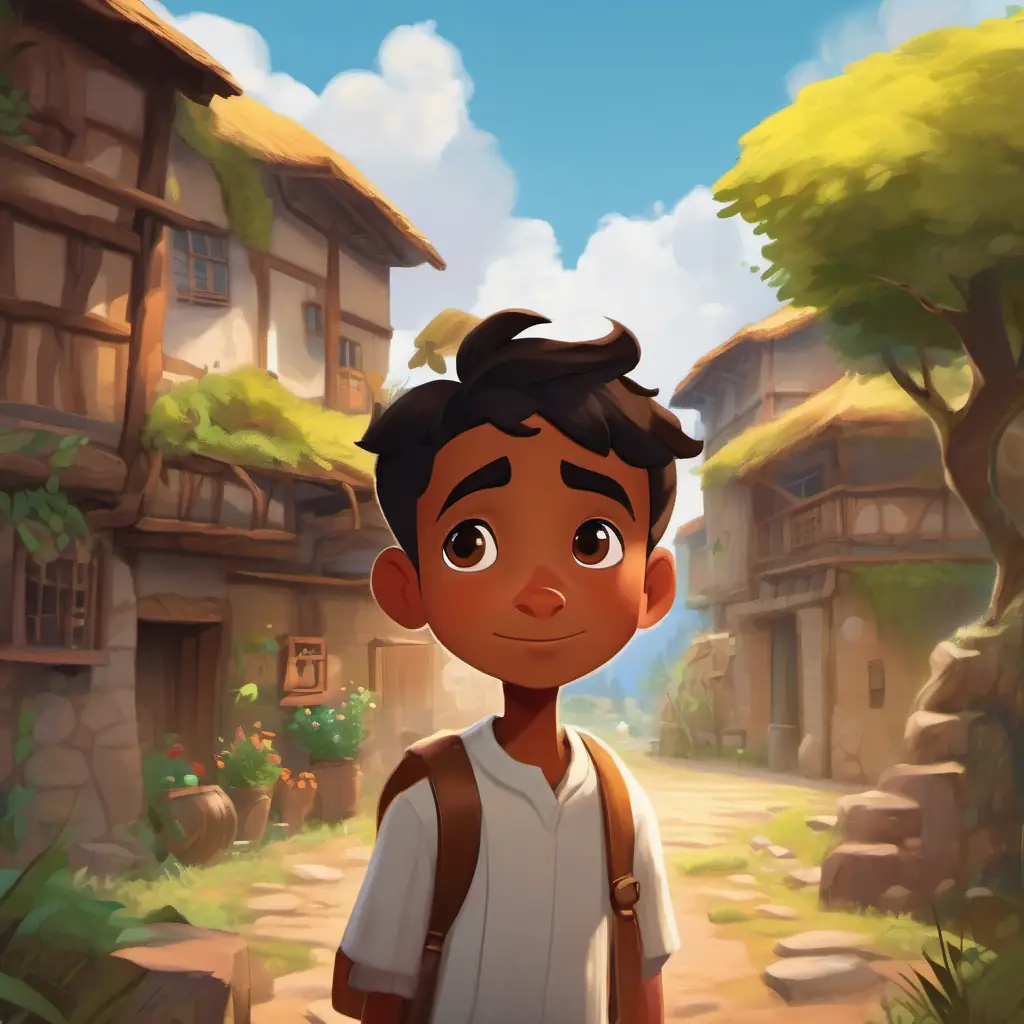 Small village, intelligent and brave boy named Brave, intelligent, brown skin, black eyes.