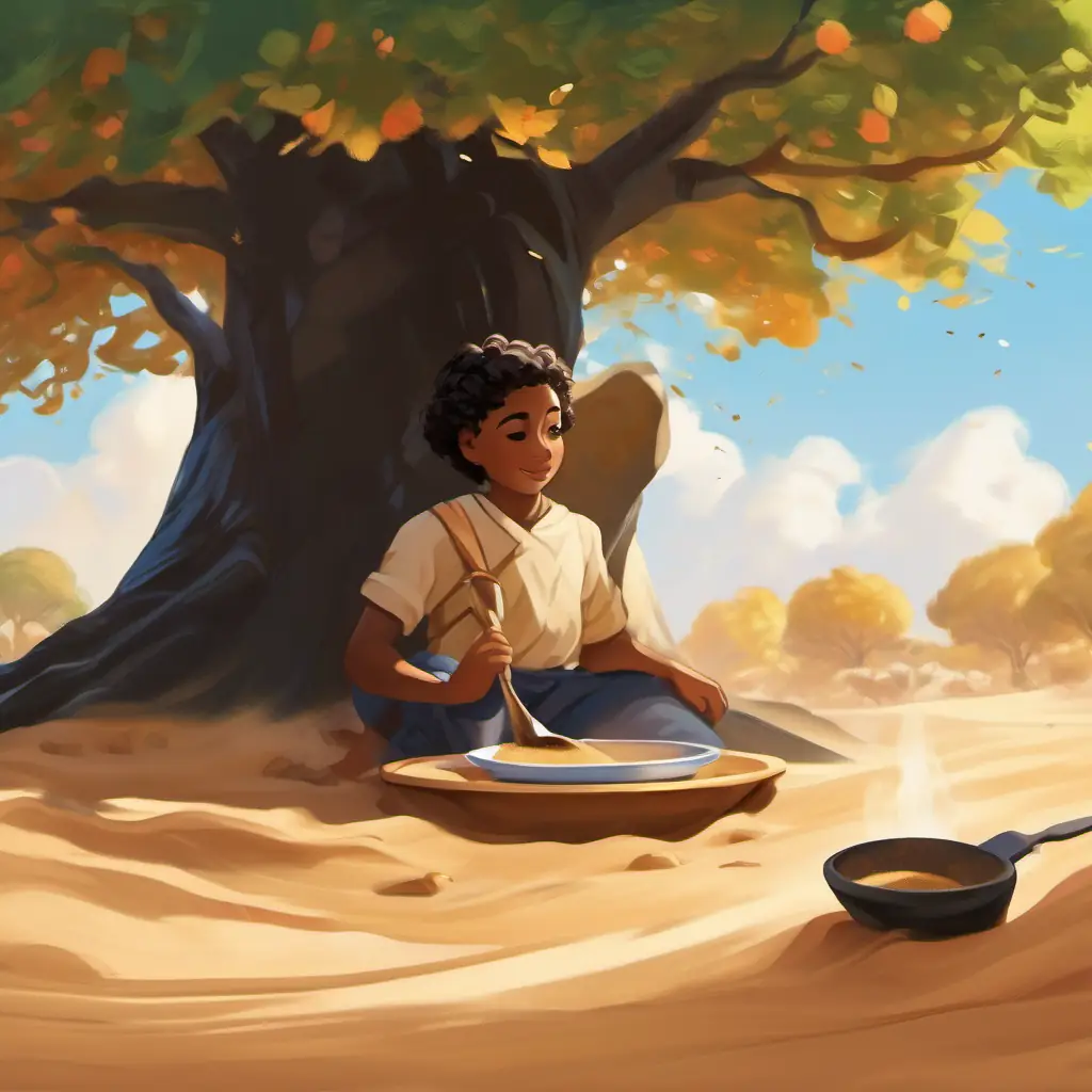 Brave, intelligent, brown skin, black eyes finds the sand under a tree, pours it on a plate, and feels rejuvenated.