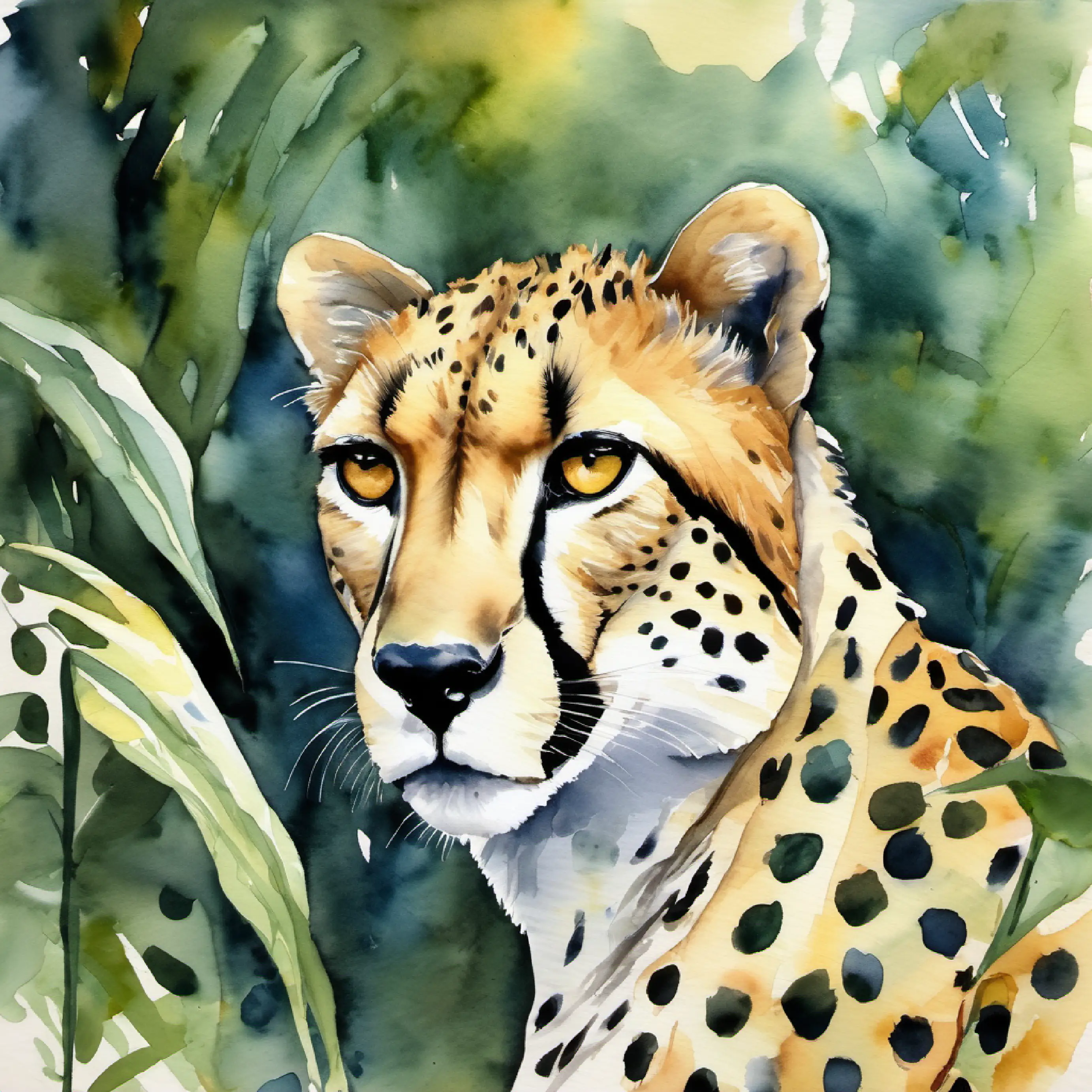 Spotted cheetah, agile, with alert golden eyes in his jungle, thinking of adventure.