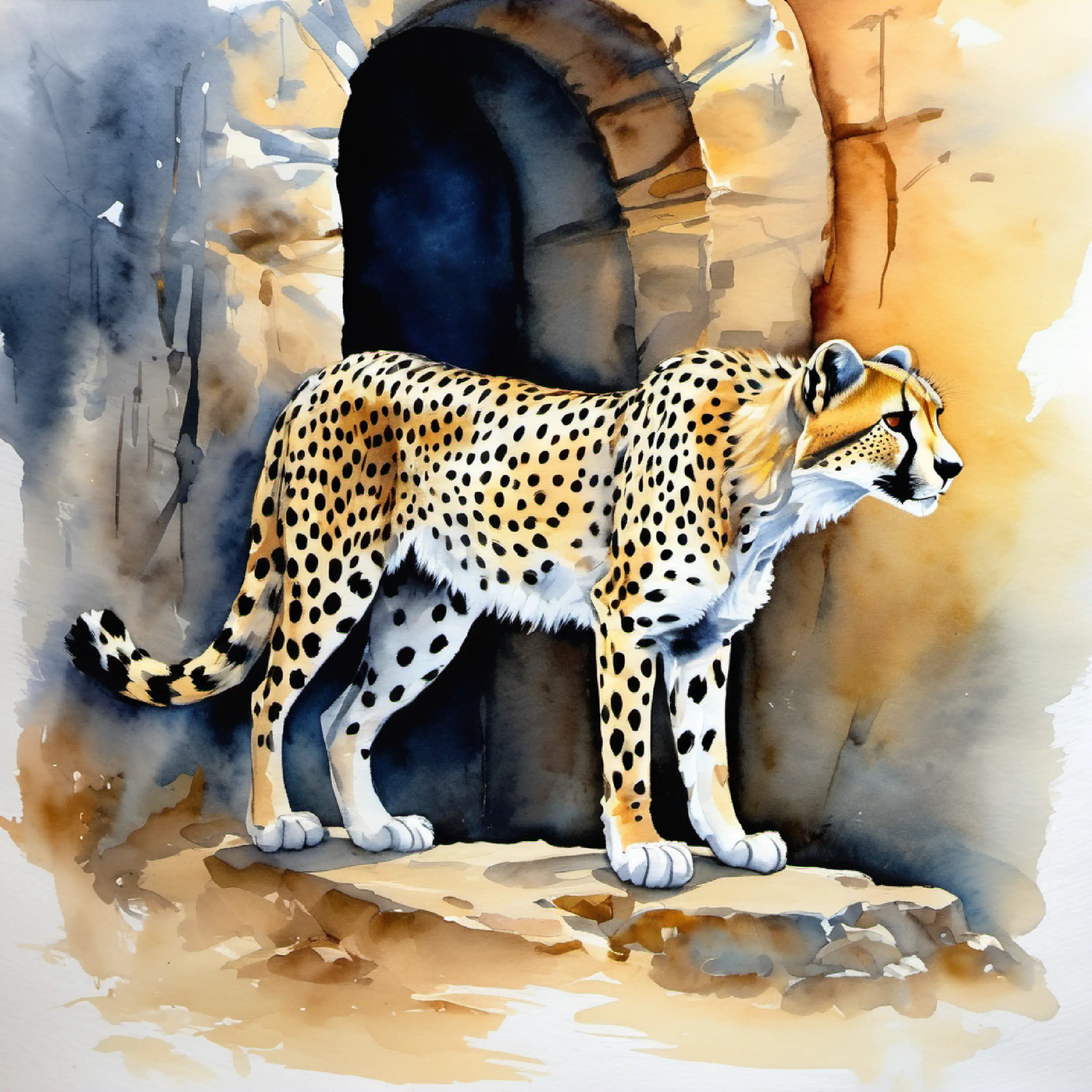 Spotted cheetah, agile, with alert golden eyes discovering and entering a portal.