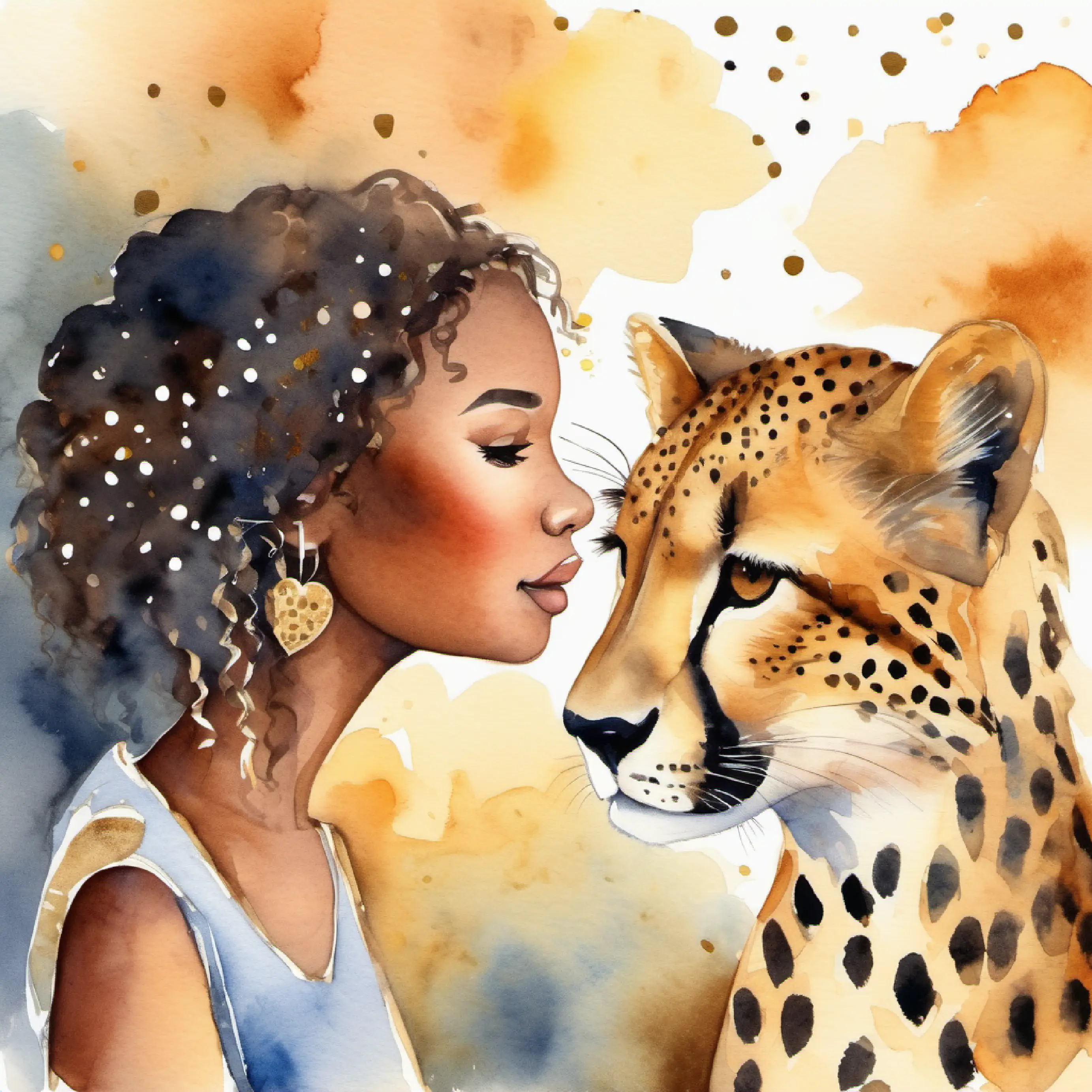 The heartfelt goodbye between Kind girl, cheerful, with sparkling brown eyes and brown skin and Spotted cheetah, agile, with alert golden eyes.