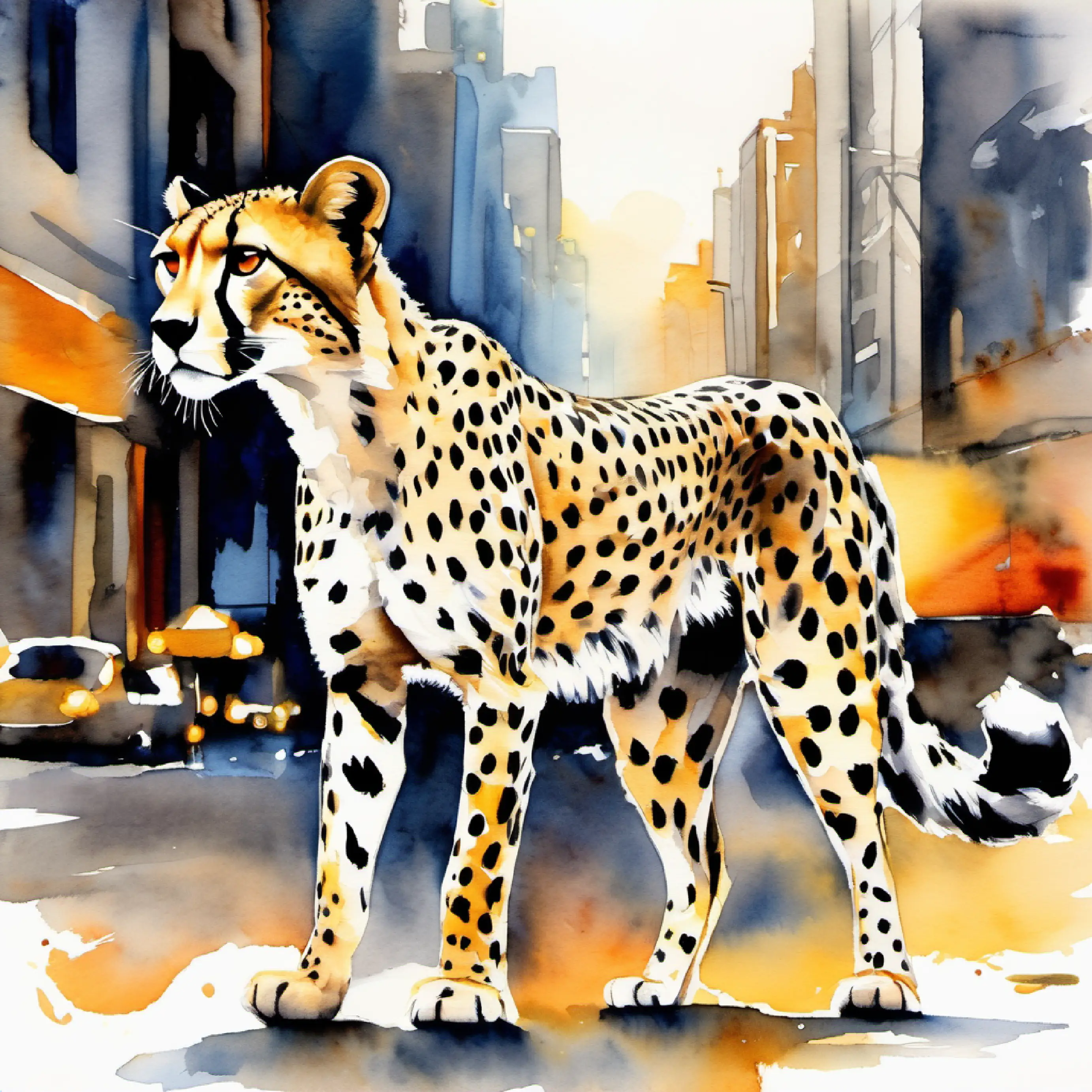 Spotted cheetah, agile, with alert golden eyes wandering through the busy city.
