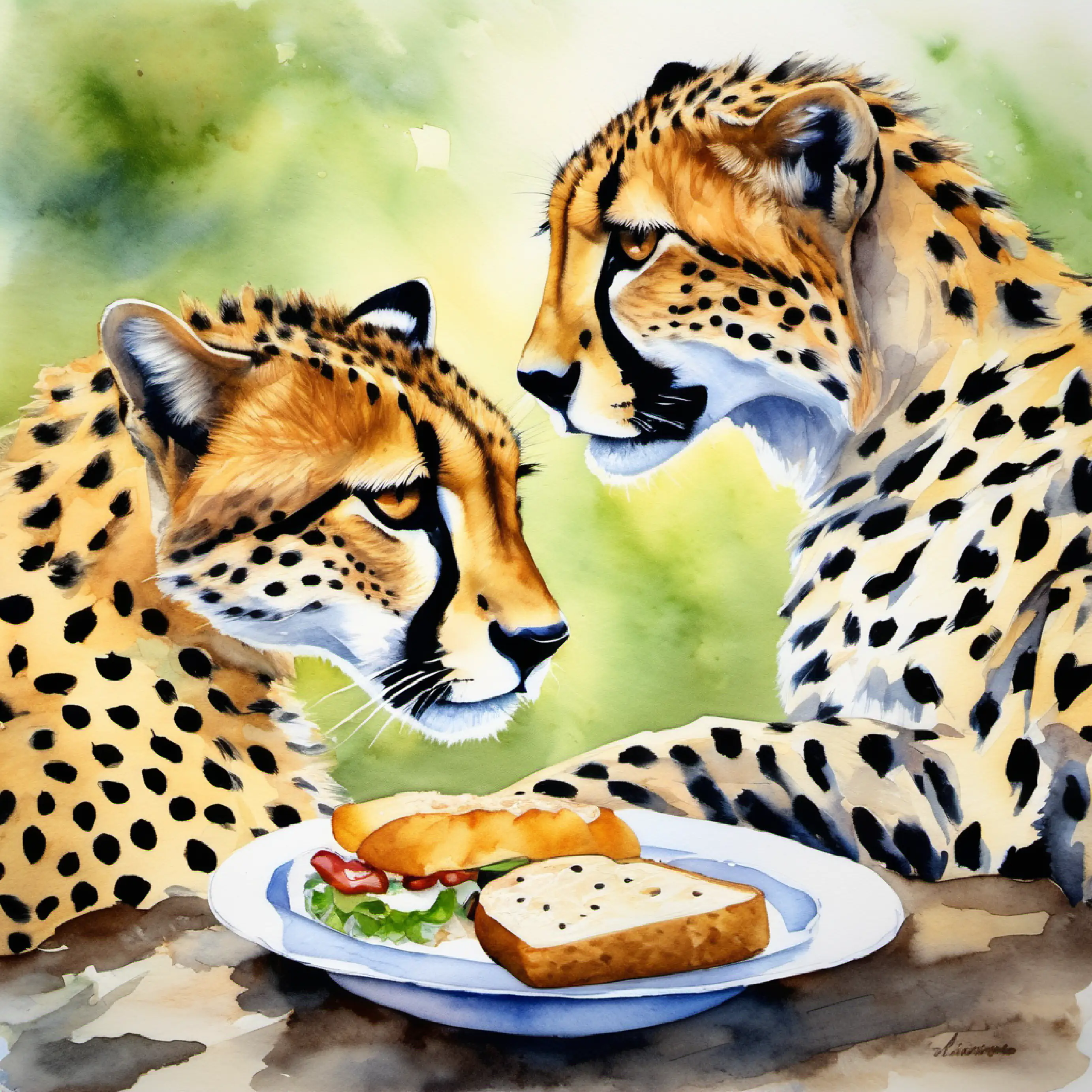 Sharing a meal, Spotted cheetah, agile, with alert golden eyes eating a sandwich.