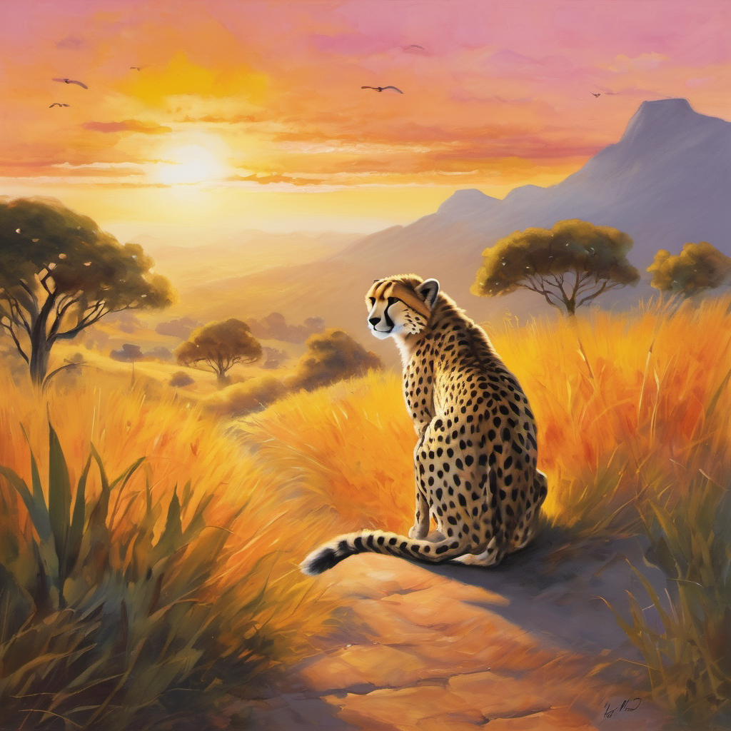 As the golden sun began to set, painting the sky with hues of pink and orange, Charlie made his way back home. His friends, the monkeys, and Timothy, were waiting to hear about his adventure. Excitedly, Charlie shared all the wonderful things he discovered during his chilled-out day. From that day forward, Charlie the cheetah learned the importance of taking it slow sometimes. He continued to enjoy his quick sprints and races but also made sure to set aside time for leisurely strolls and peaceful moments of reflection. And whenever he did, the world around him seemed to come to life in ways that only a cheetah who knew the value of slowing down could truly appreciate.
