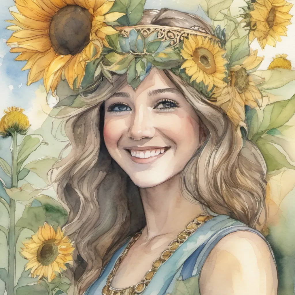 A princess with a sunflower crown smiling in a sunny kingdom