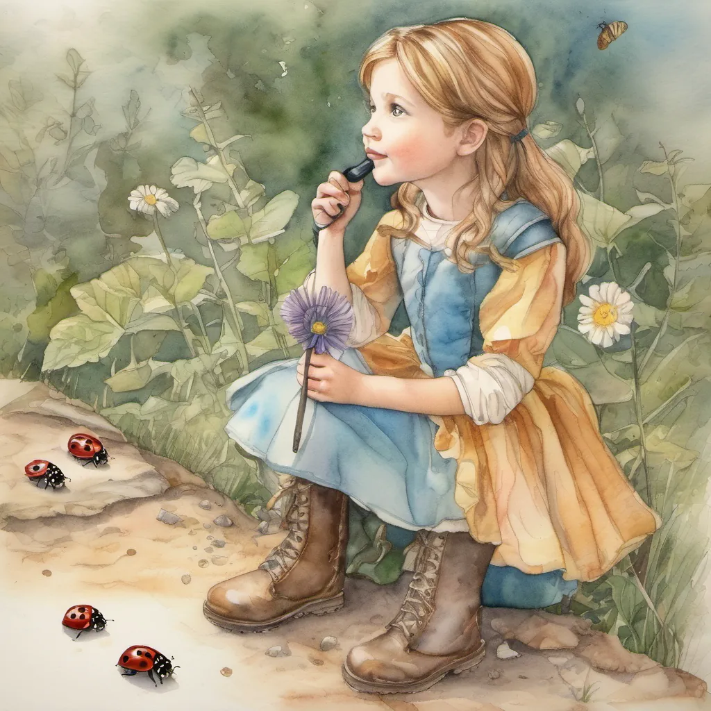 A princess with muddy boots and a magnifying glass looking at a ladybug