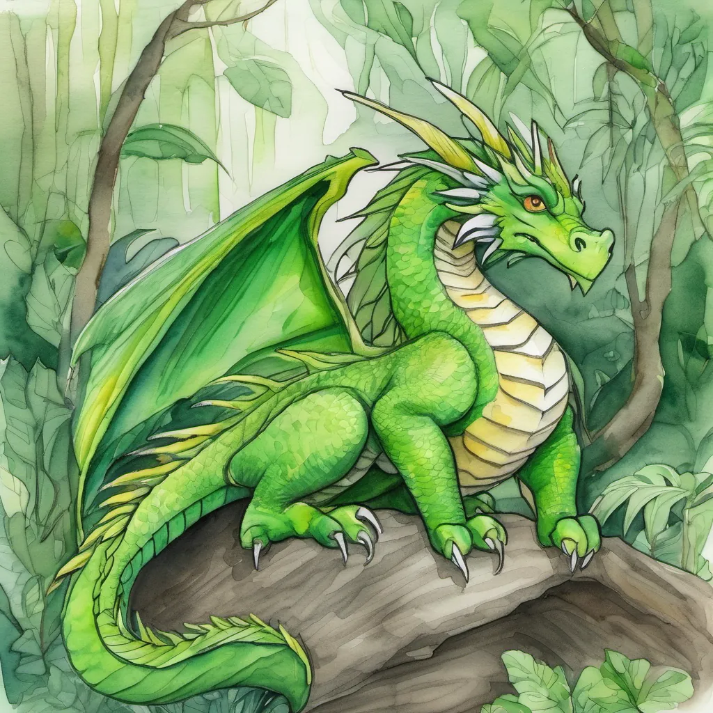 A bright green dragon with one wing drooping, looking sad in a jungle