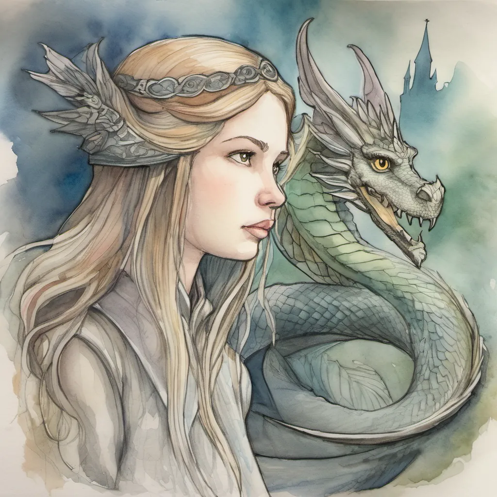 A princess with a concerned expression looking at a droopy winged dragon