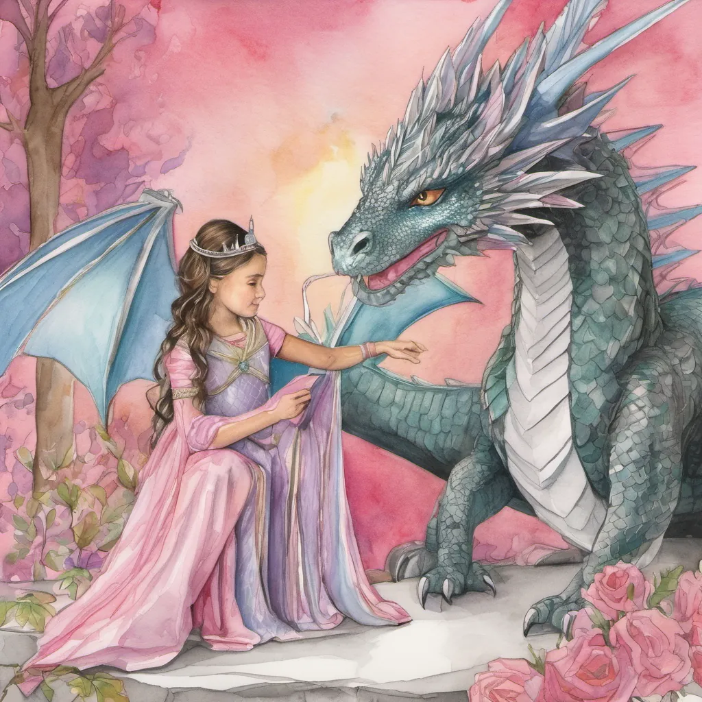 A princess taping a dragon's wing with pink sparkly duct tape