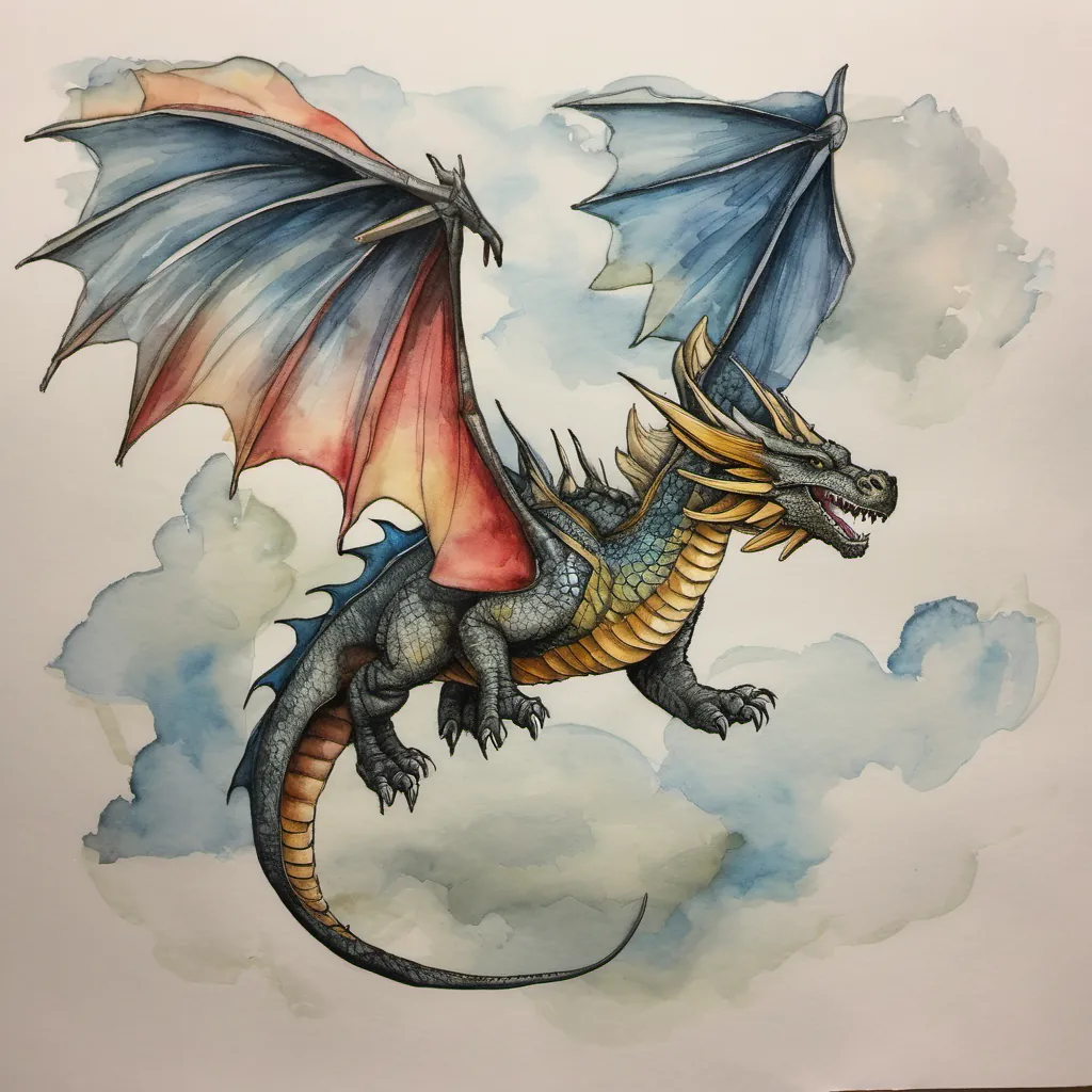 A dragon flying high in the sky with a newly taped wing