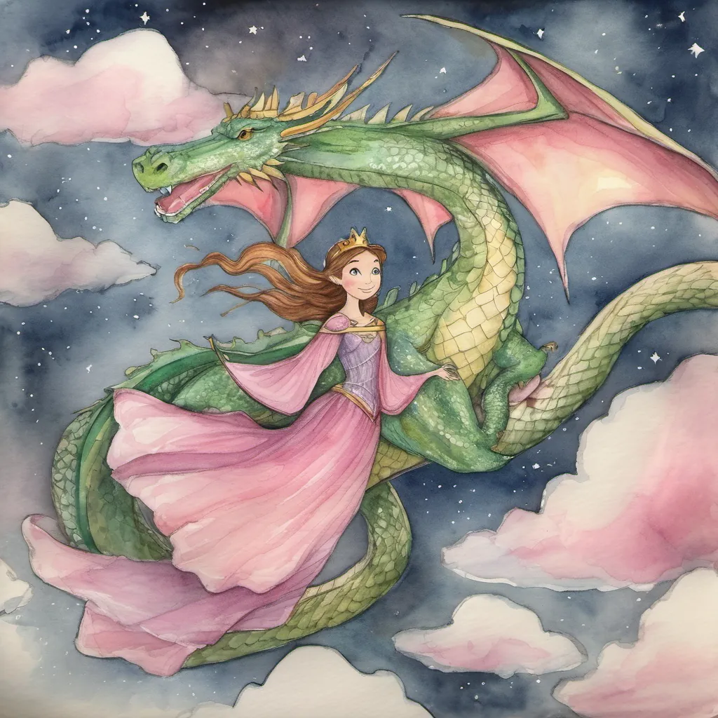 A princess and a dragon flying together in the sky, the dragon with a sparkly pink taped wing