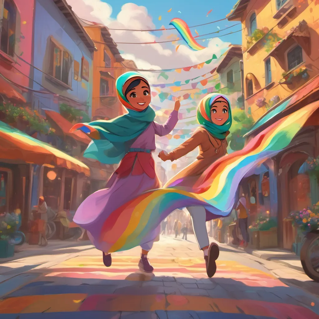 A vibrant town with prancing rainbows in the sky, A young girl with a bright colorful hijab, expressive eyes, and a playful and curious demeanor wearing a colorful hijab, dancing joyfully in the middle of the street.