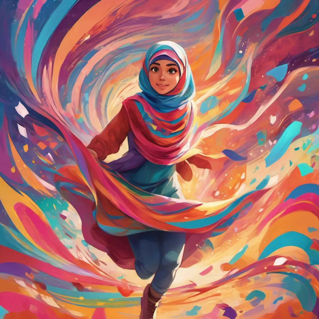 A young girl with a bright colorful hijab, expressive eyes, and a playful and curious demeanor twirling elegantly, her hijab transforming like a superhero cape in mid-air, in a lively and colorful background.