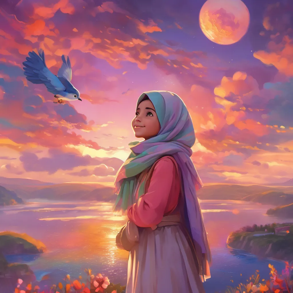 The sun setting in a colorful sky as A young girl with a bright colorful hijab, expressive eyes, and a playful and curious demeanor waves goodbye to her new magical friends, her eyes twinkling.