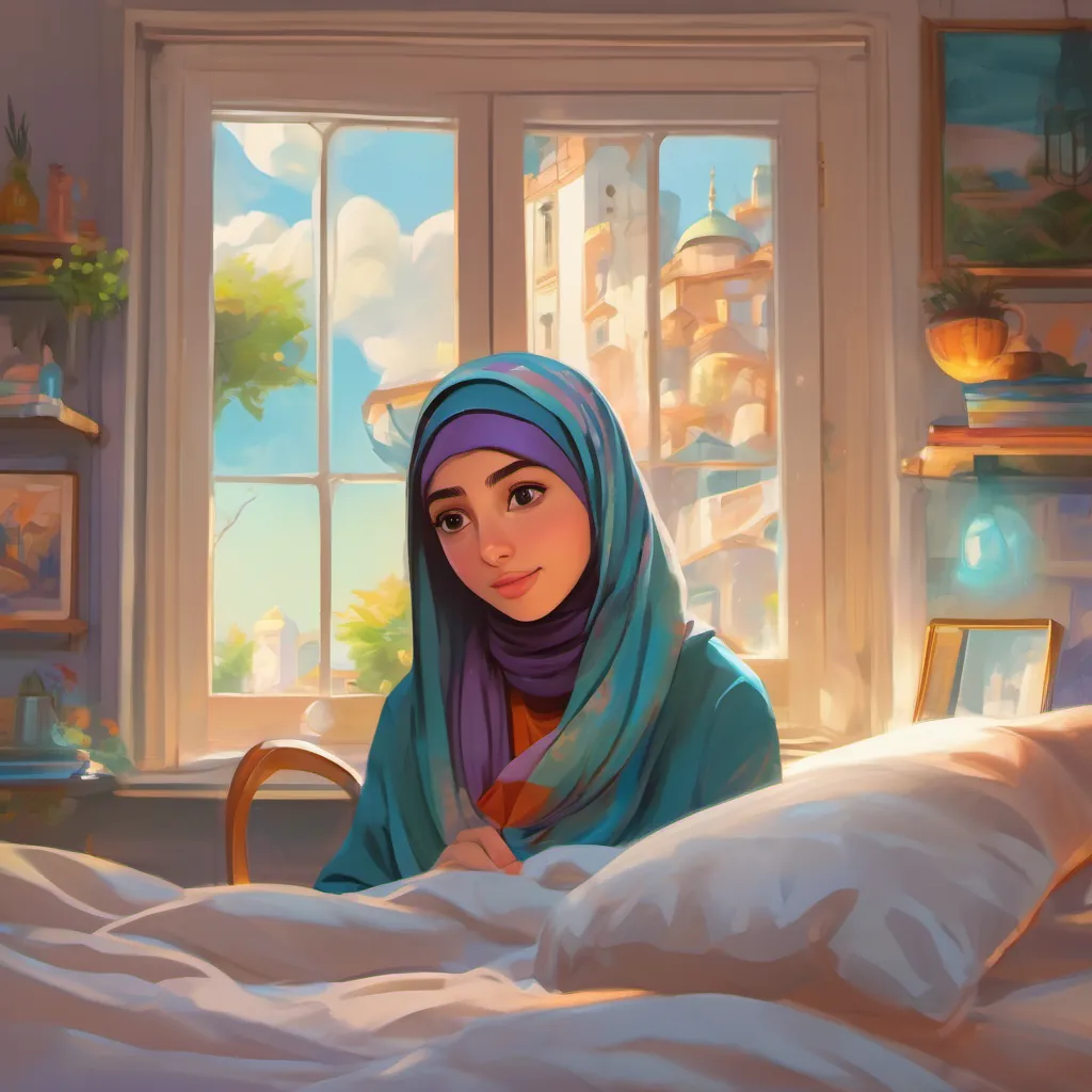 A young girl with a bright colorful hijab, expressive eyes, and a playful and curious demeanor tucked in bed, peaceful, with dreamlike thoughts of her adventurous day manifesting as floating images above her.