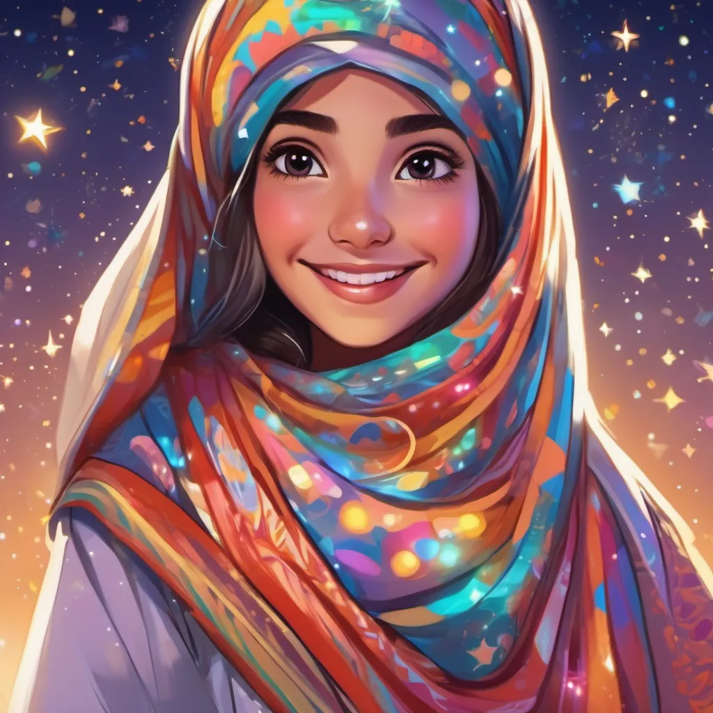 Close-up of A young girl with a bright colorful hijab, expressive eyes, and a playful and curious demeanor smiling proudly, her hijab shimmering with sparkles like stars, against a night sky backdrop.